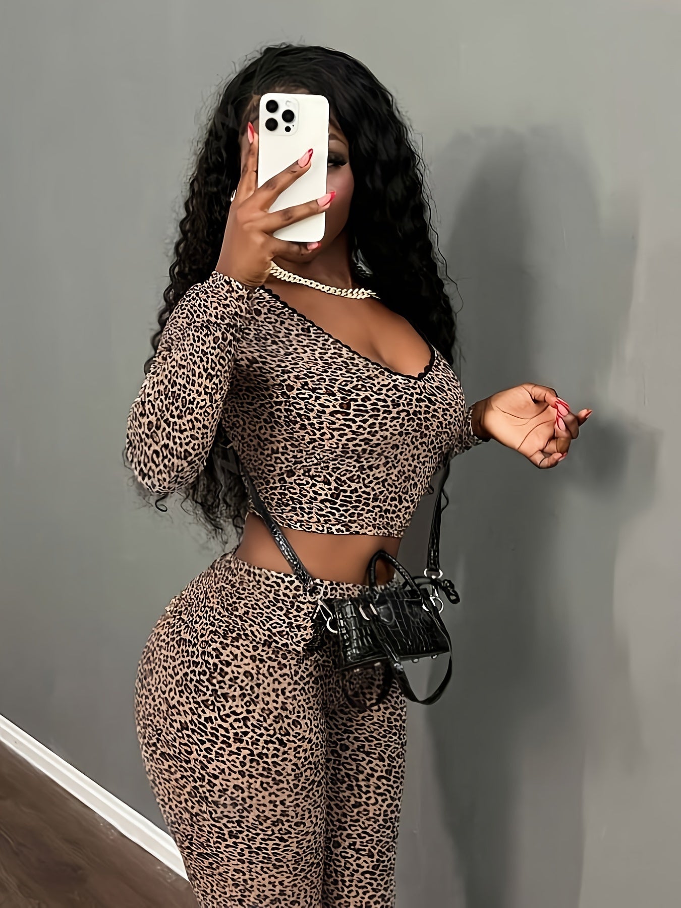 Casual Leopard Print Lace Crop Top & Flare Pants Set