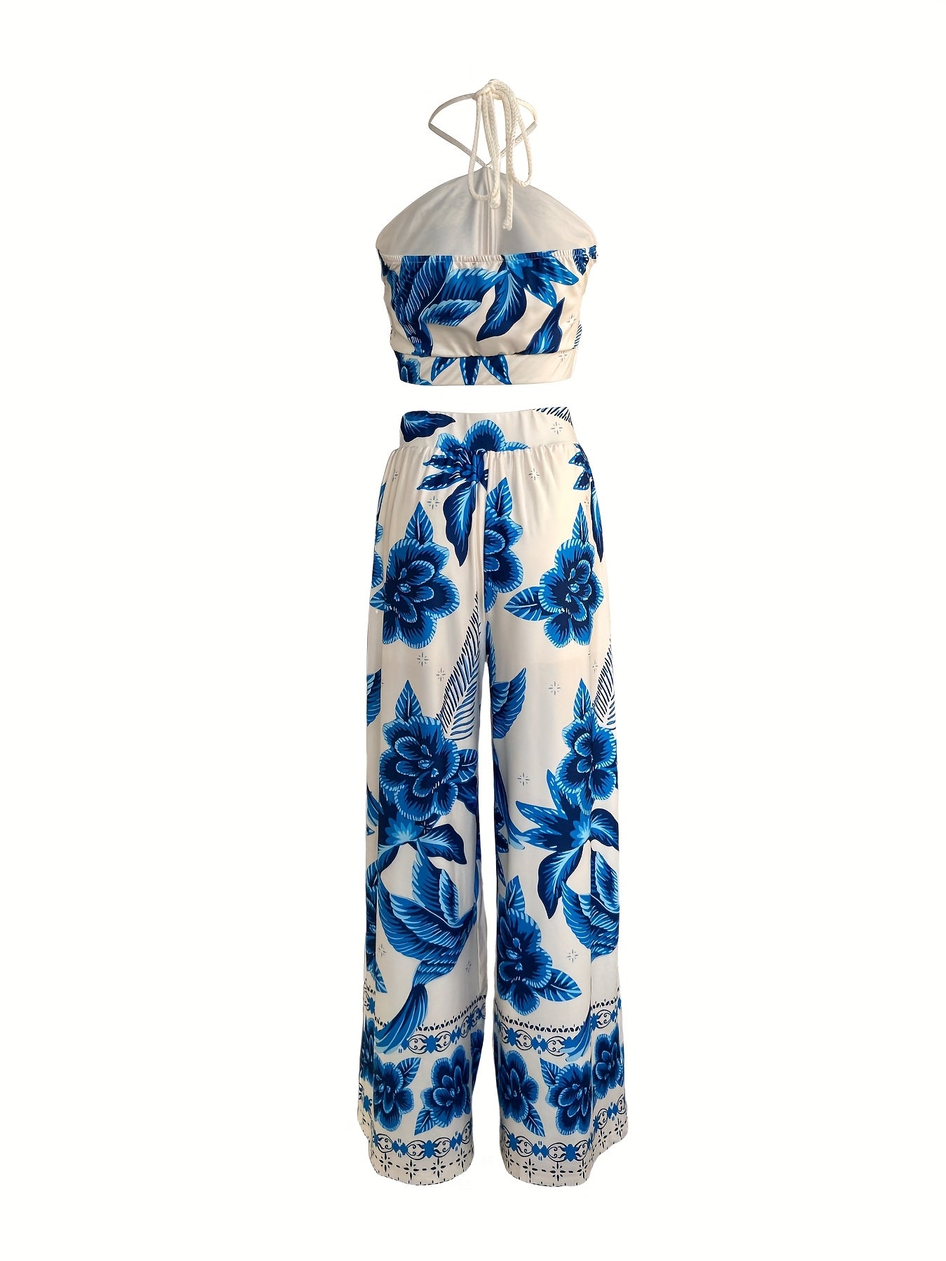 Floral Whispers Backless Elastane Blend Top and Wide Leg Pants Set