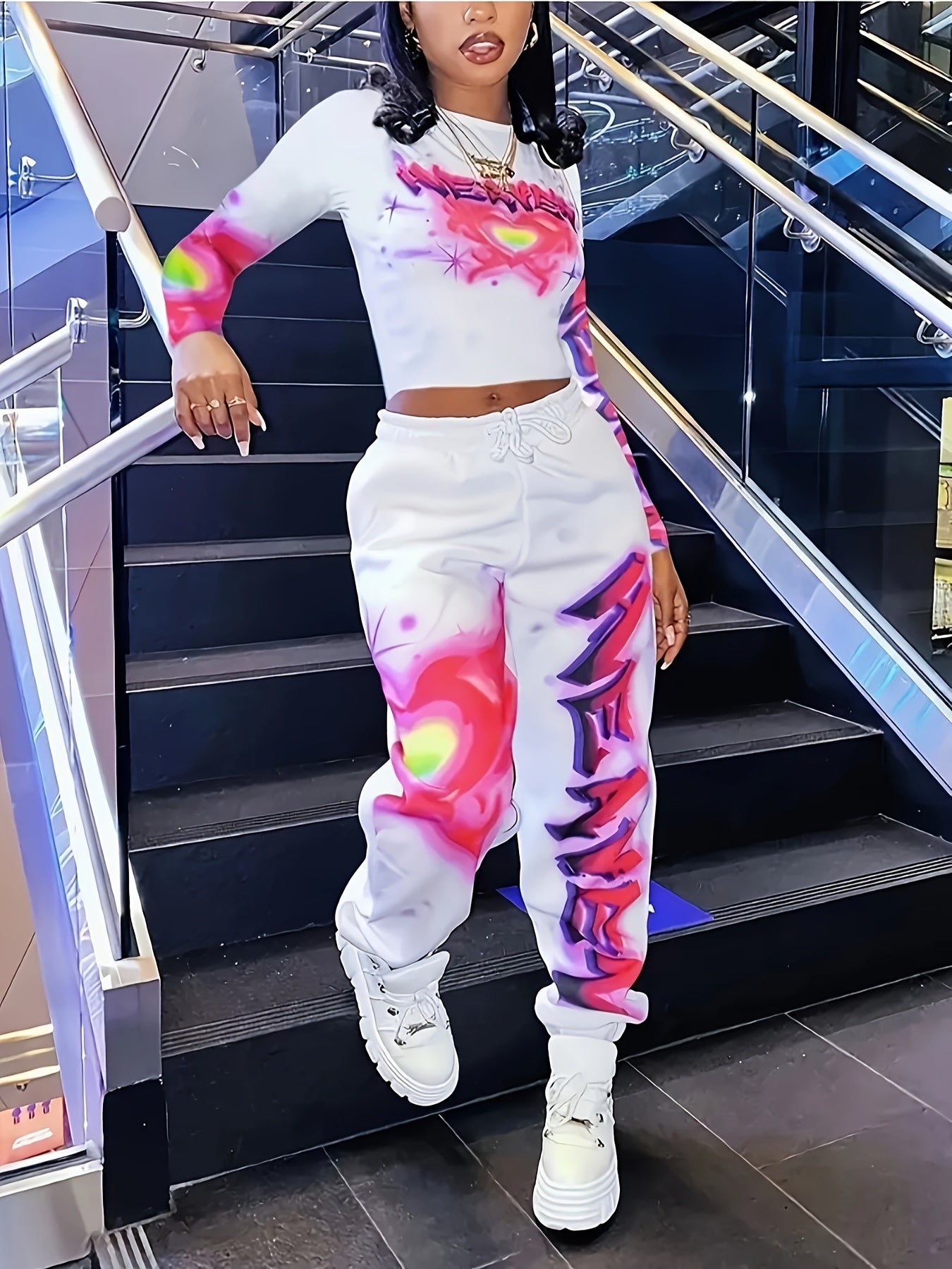 Women's Y2K Heart & Letter Print Long Sleeve Crop Top & Drawstring Joggers Set