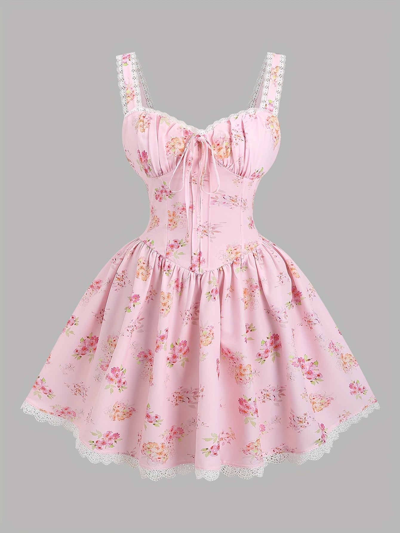 Romantic Spring Floral Slip Dress with Contrast Lace Straps & Drawstring Waist - Pink Floral Print, Ruffled Hem, Sweet Vacation Style for Women, Spring/Summer Essential, Floral Print Dress, Summer Fashion, Ruffled Hem Design