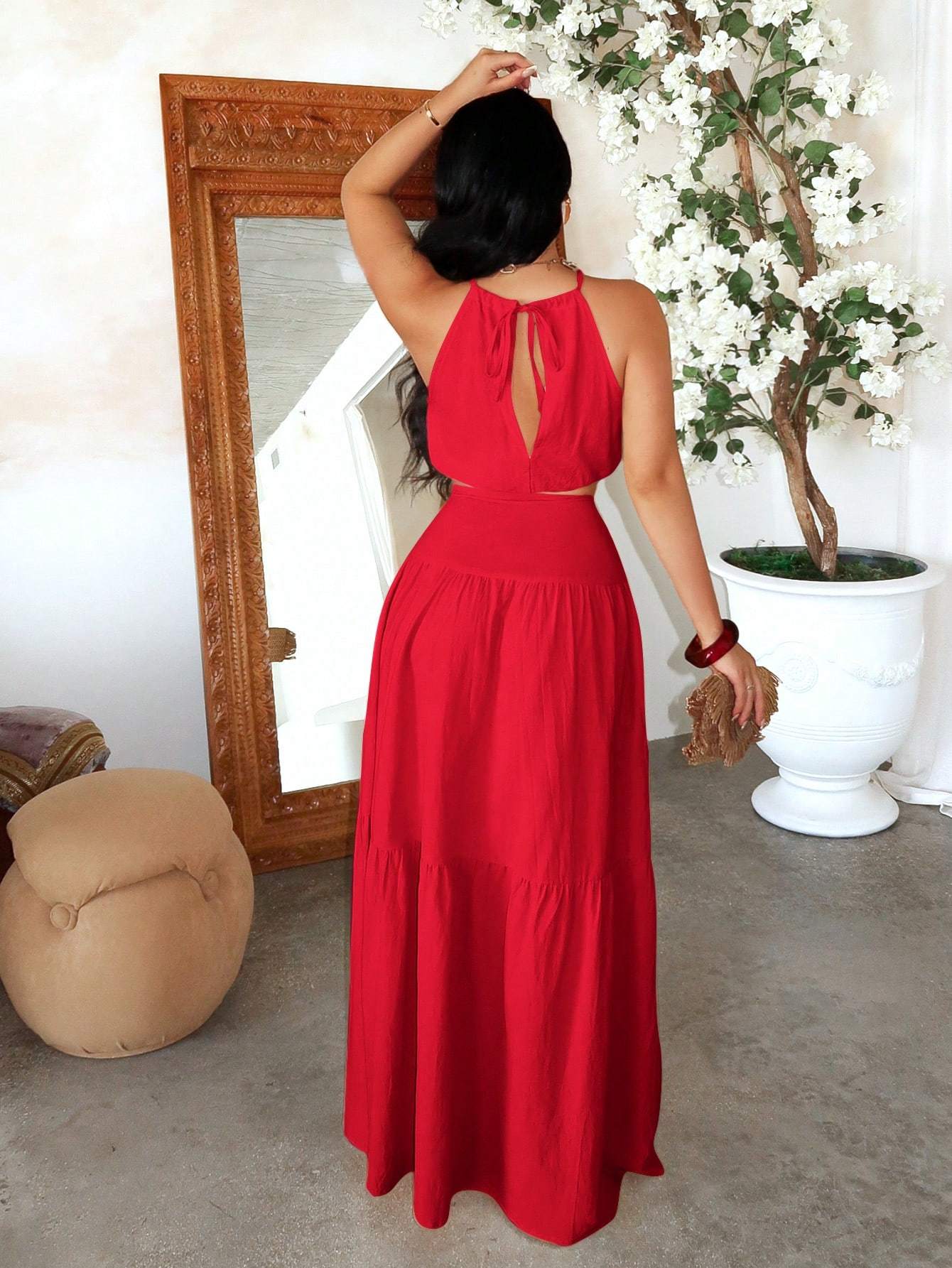 2pcs Set, Tie-Back Vest and Drawstring Split Skirt A-Line Dress for Vacation Festivals