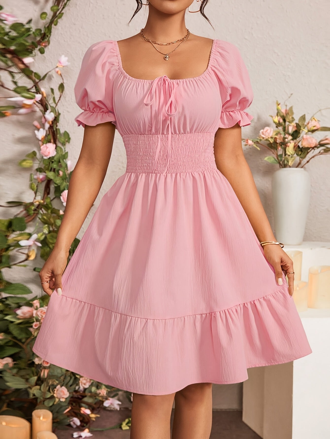 Women's Tie-Back Bubble Sleeve Ruffled Hem Dress