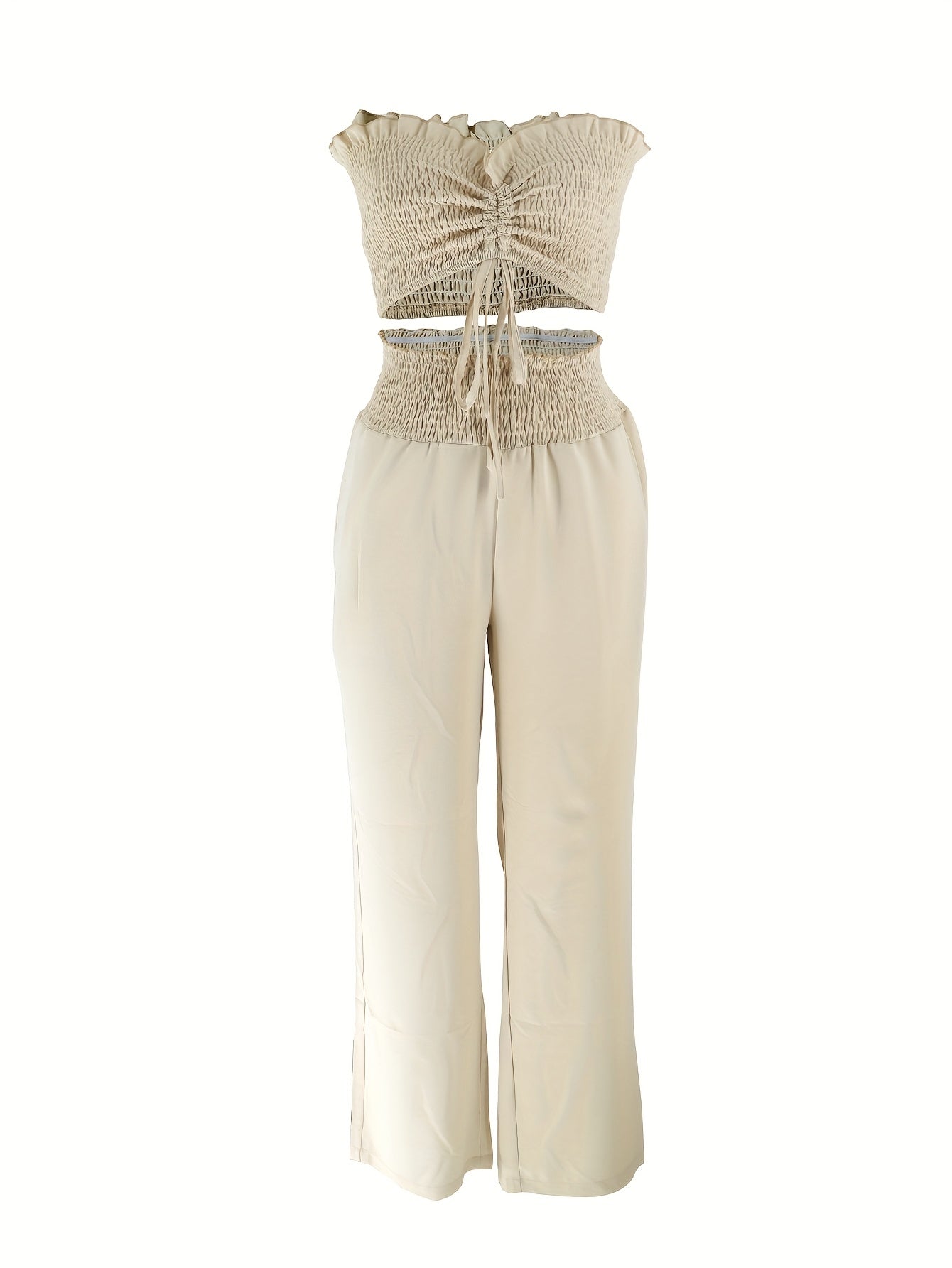 Shirred Halter Neck Sleeveless Crop Top Tops & High Waist Loose Long Length Pants Set