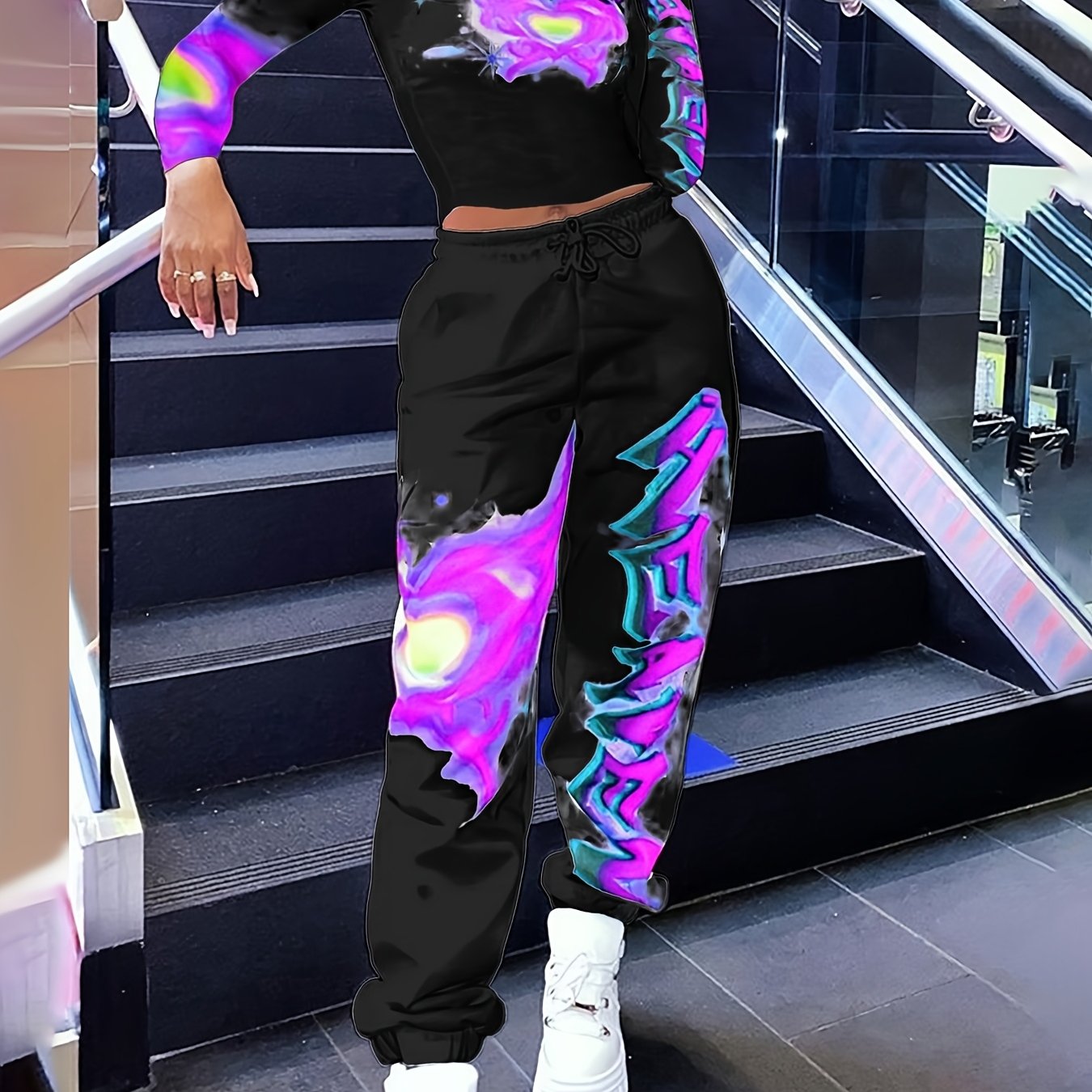 Women's Y2K Heart & Letter Print Long Sleeve Crop Top & Drawstring Joggers Set