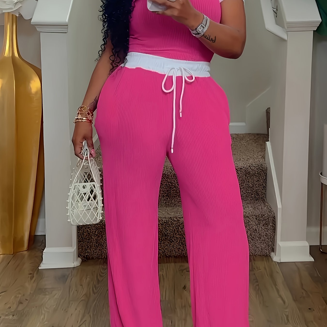 Elegant Crew Neck Short Sleeve T-Shirt and High Waist Drawstring Wide Leg Trousers