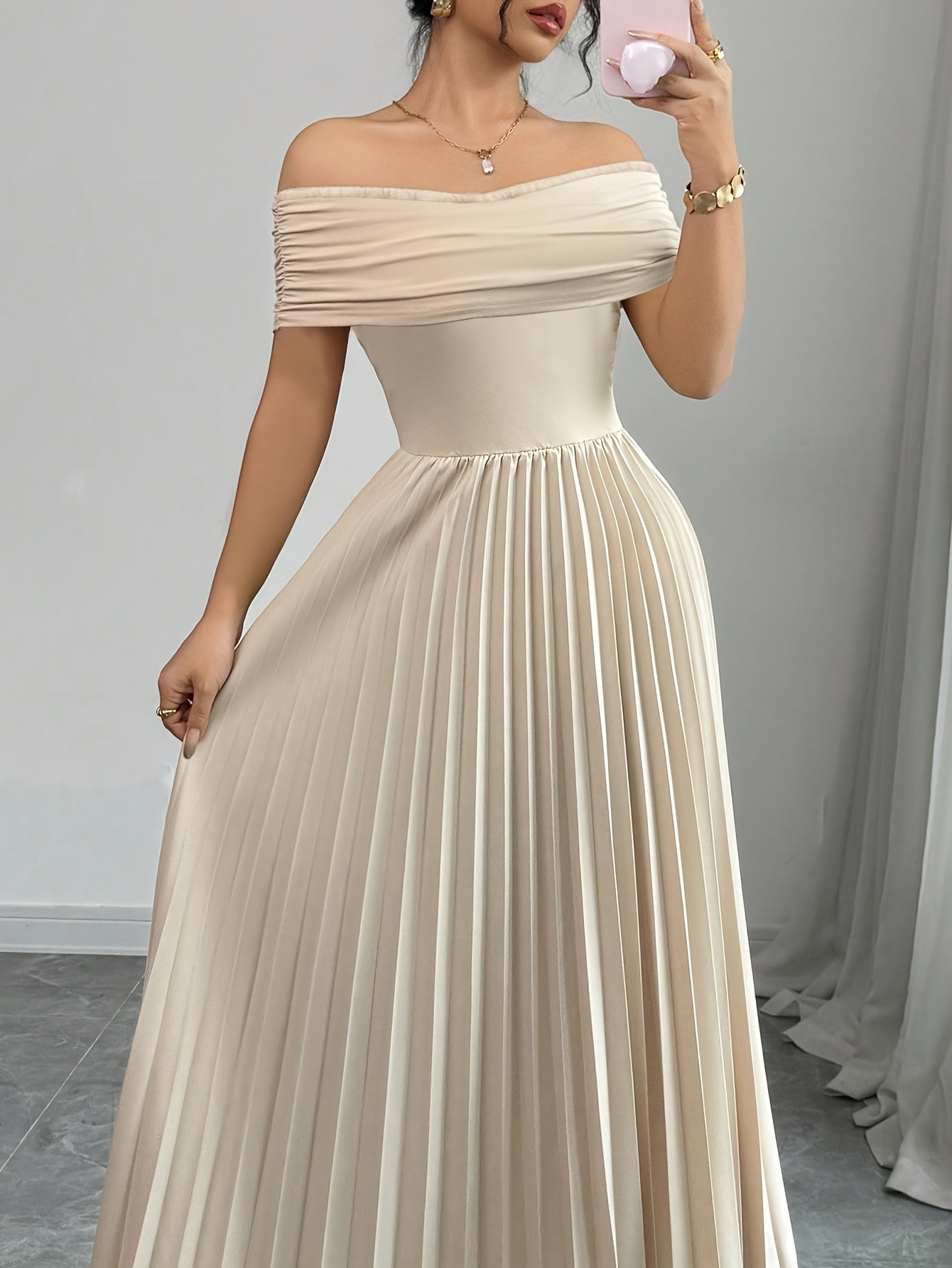 Elegant Off-Shoulder Golden Hour Pleated Dress