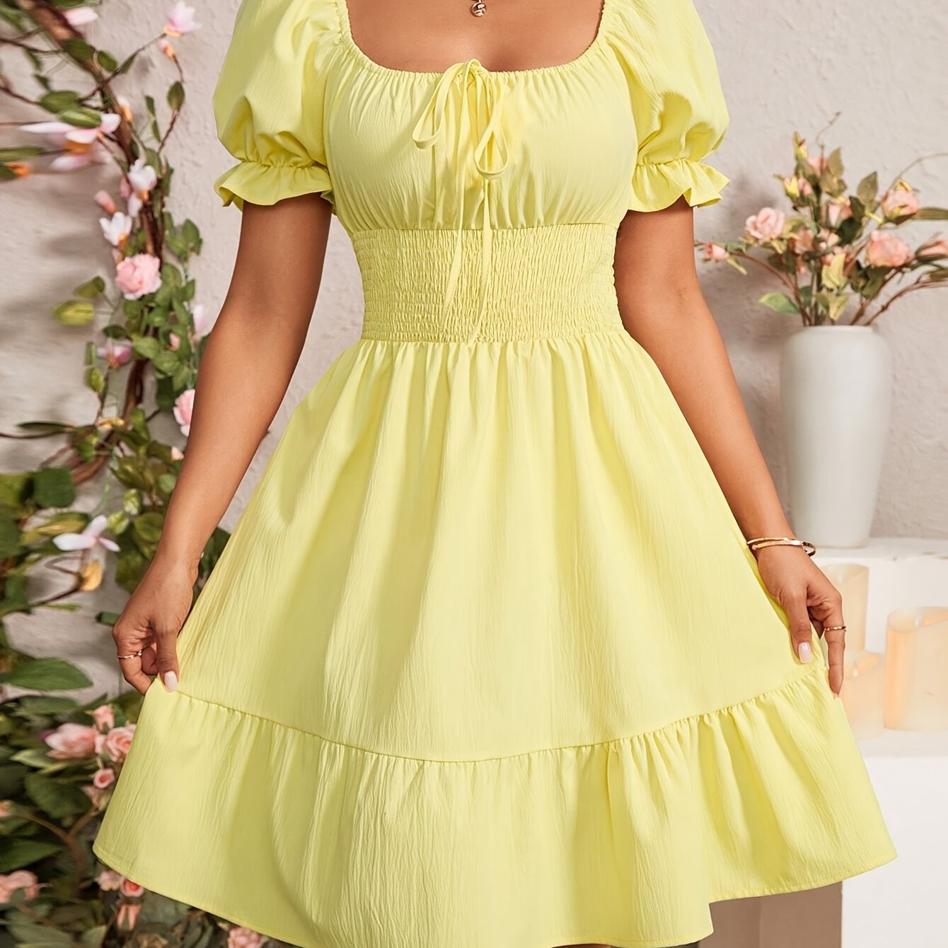 Women's Tie-Back Bubble Sleeve Ruffled Hem Dress