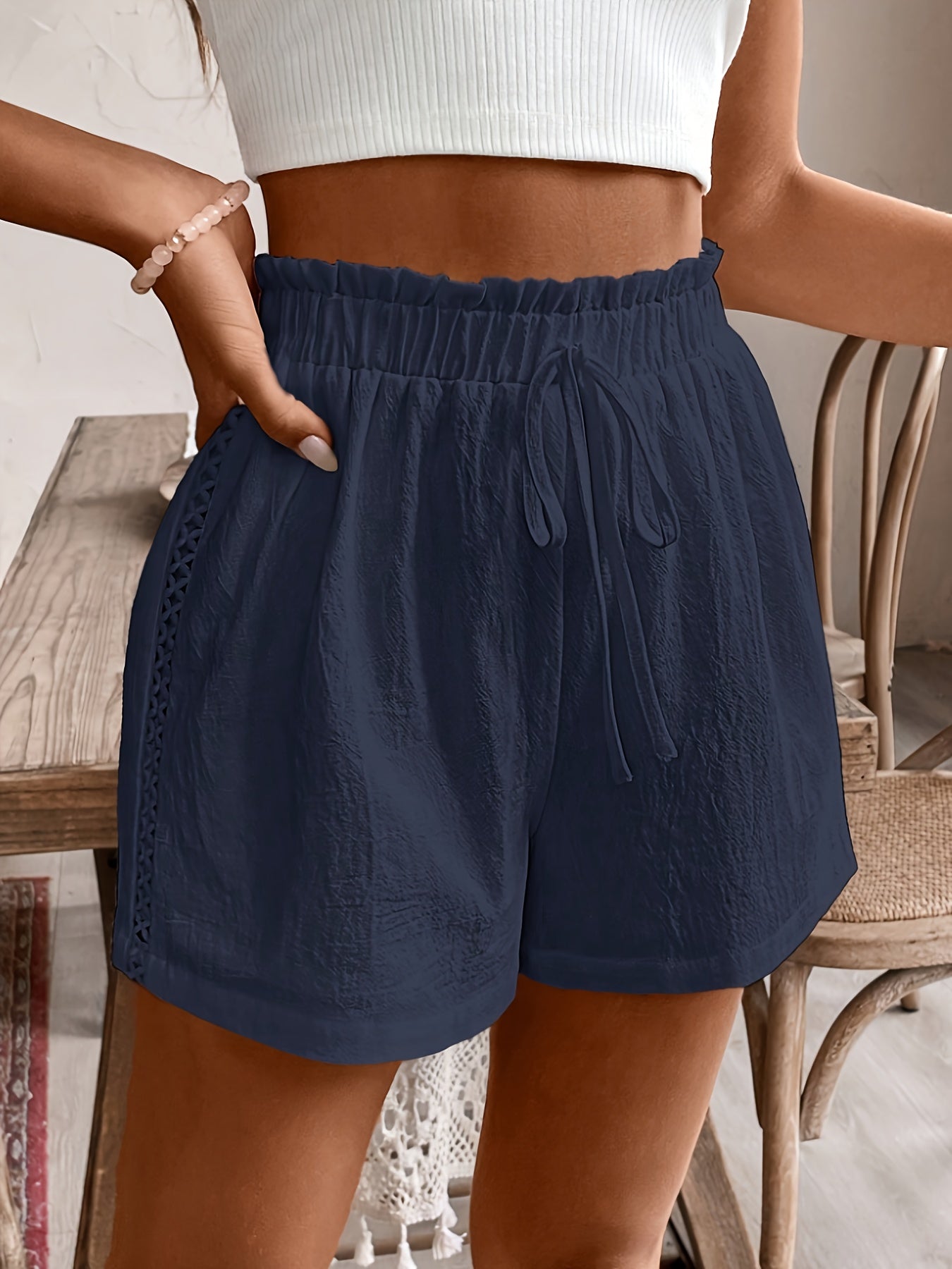 Women's High-Waist Linen Shorts with Contrast Lace Detail - Elegant Loose Fit Casual Summer Shorts, Black, Machine Washable, Autumn Casual Attire | Highwaist Shorts | No Stretch Material, High Waisted Shorts
