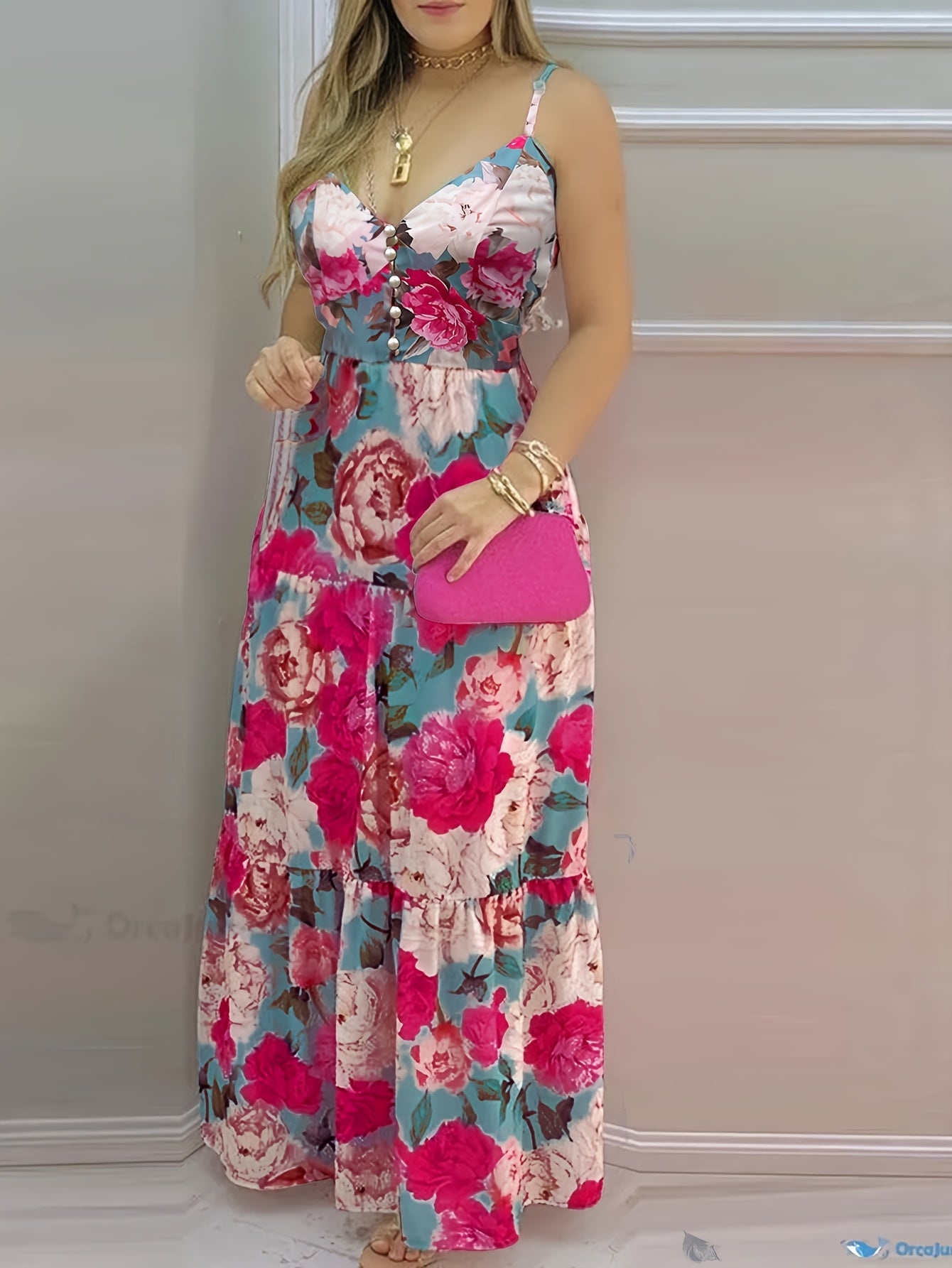 Women'S Elegant V-Neck Button Detail Pleated Maxi Dress