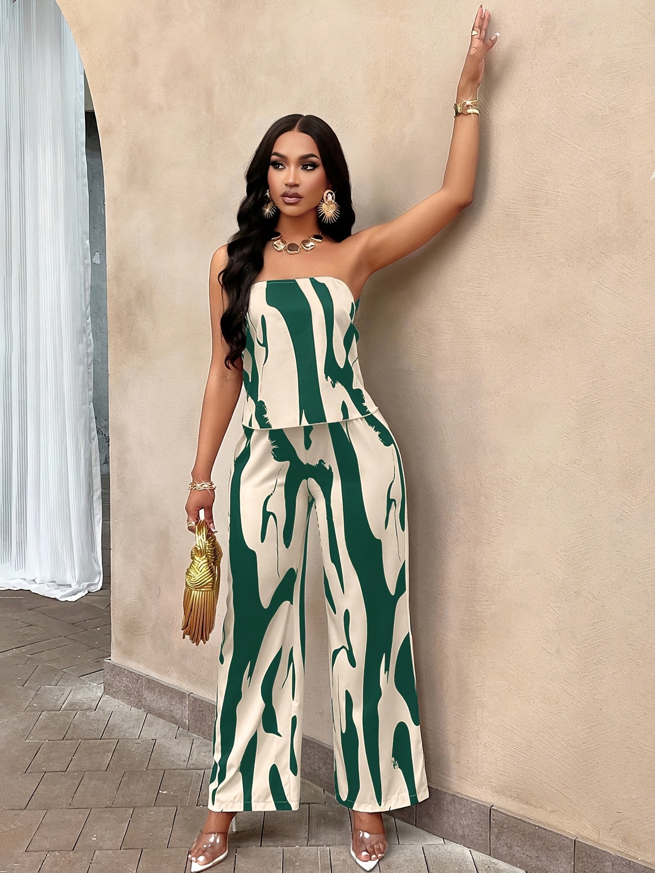 Elegant Bloom Co-Ord – Lace Strapless Top & Flowing Trousers