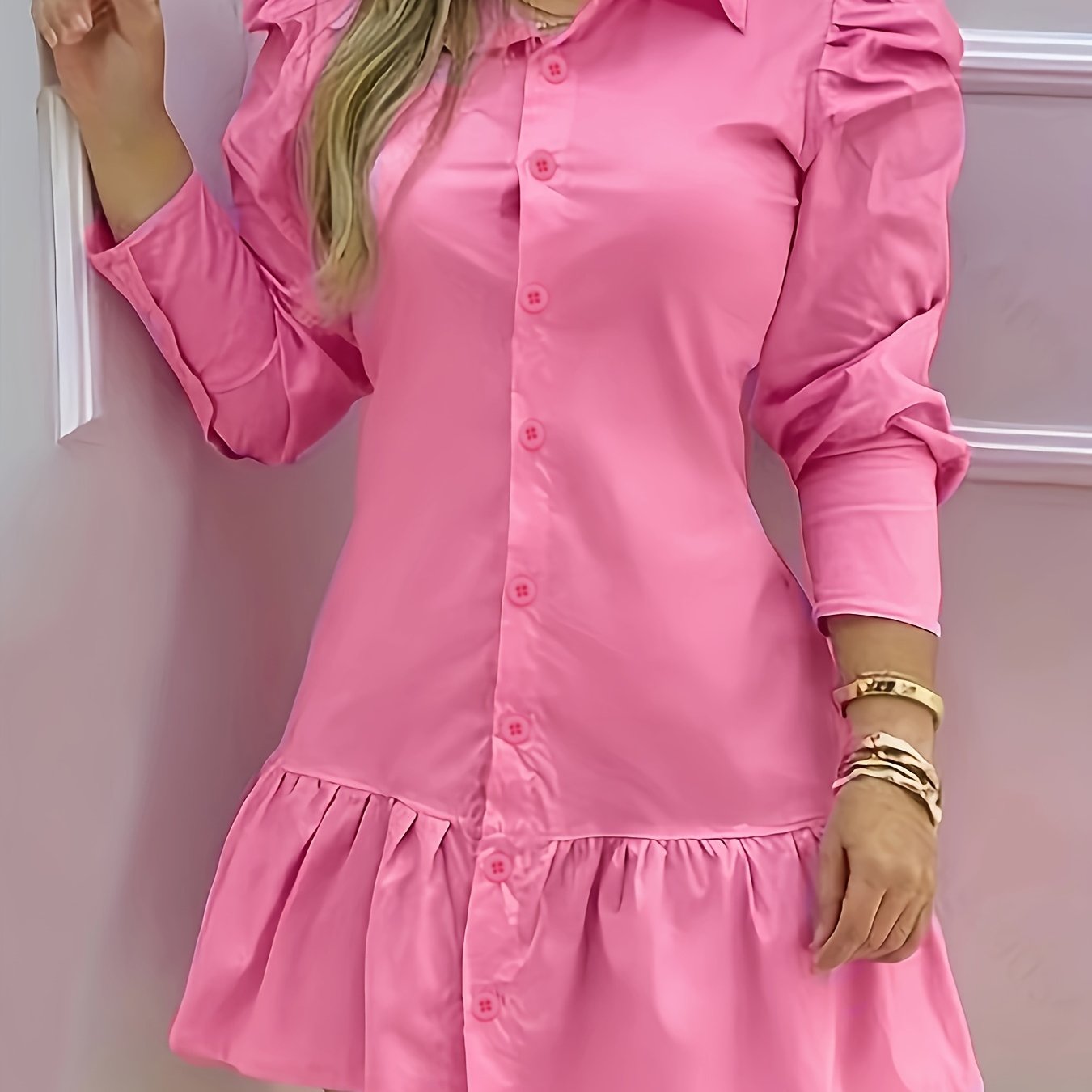 Women's Elegant Bright Pink Ruffle Hem Shirt Dress