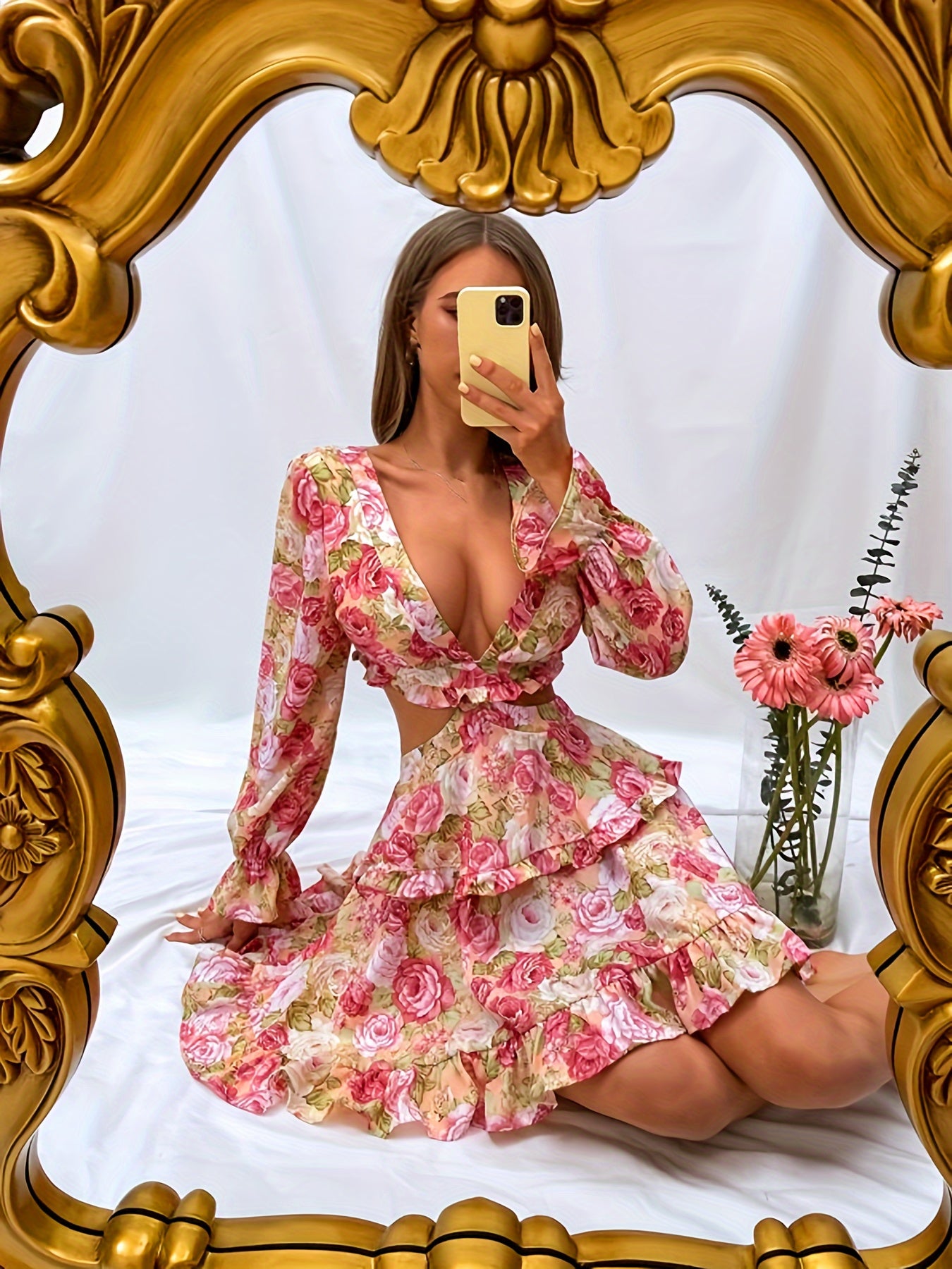 Chic Floral Print Deep V-Neck Chiffon Dress with Tie Back & Ruffle Sleeves