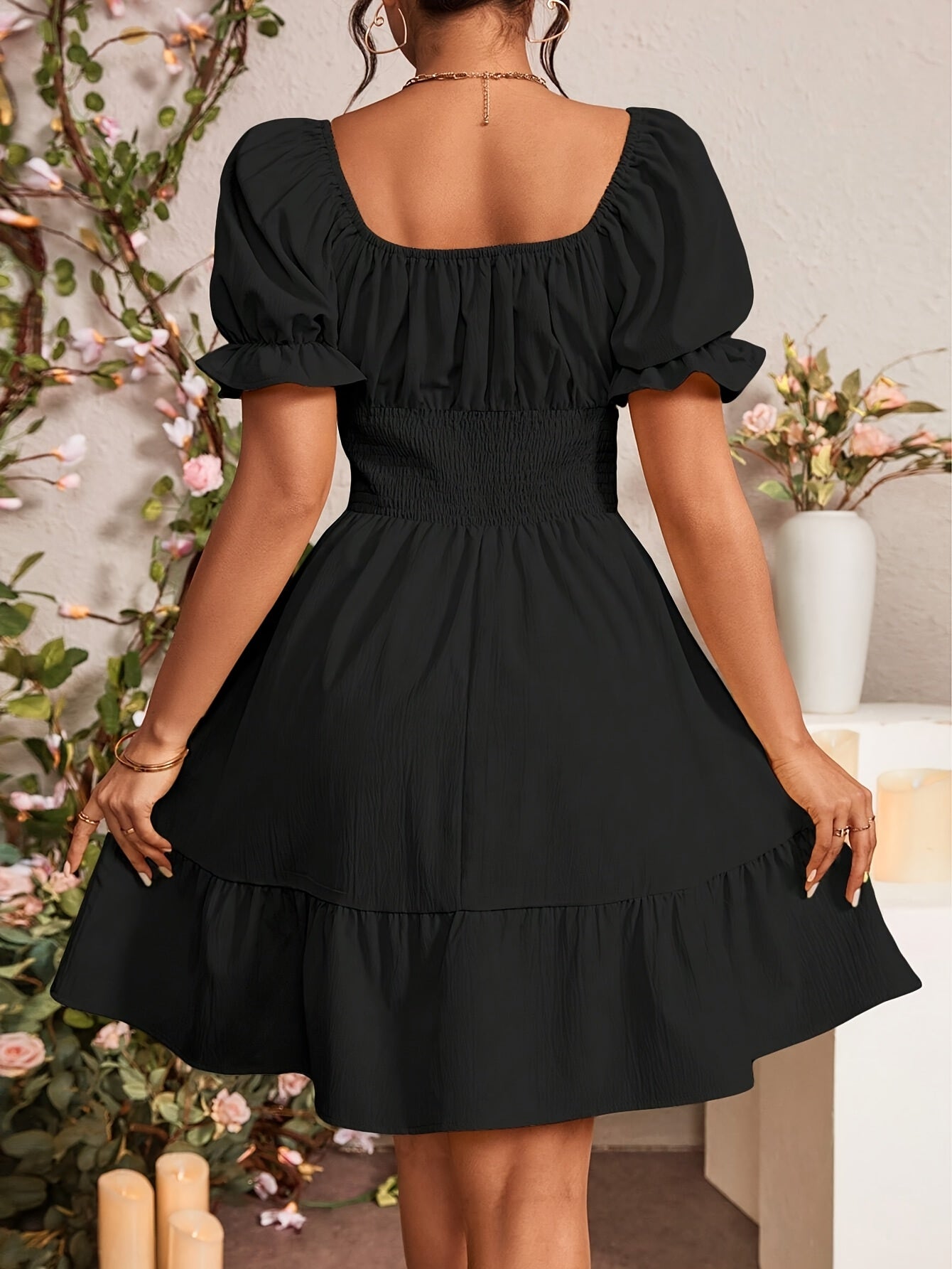 Women's Tie-Back Bubble Sleeve Ruffled Hem Dress