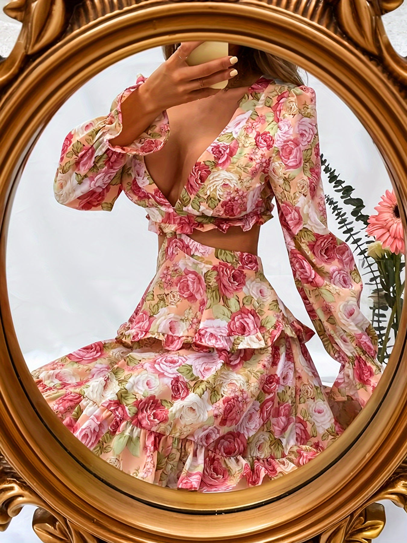 Chic Floral Print Deep V-Neck Chiffon Dress with Tie Back & Ruffle Sleeves