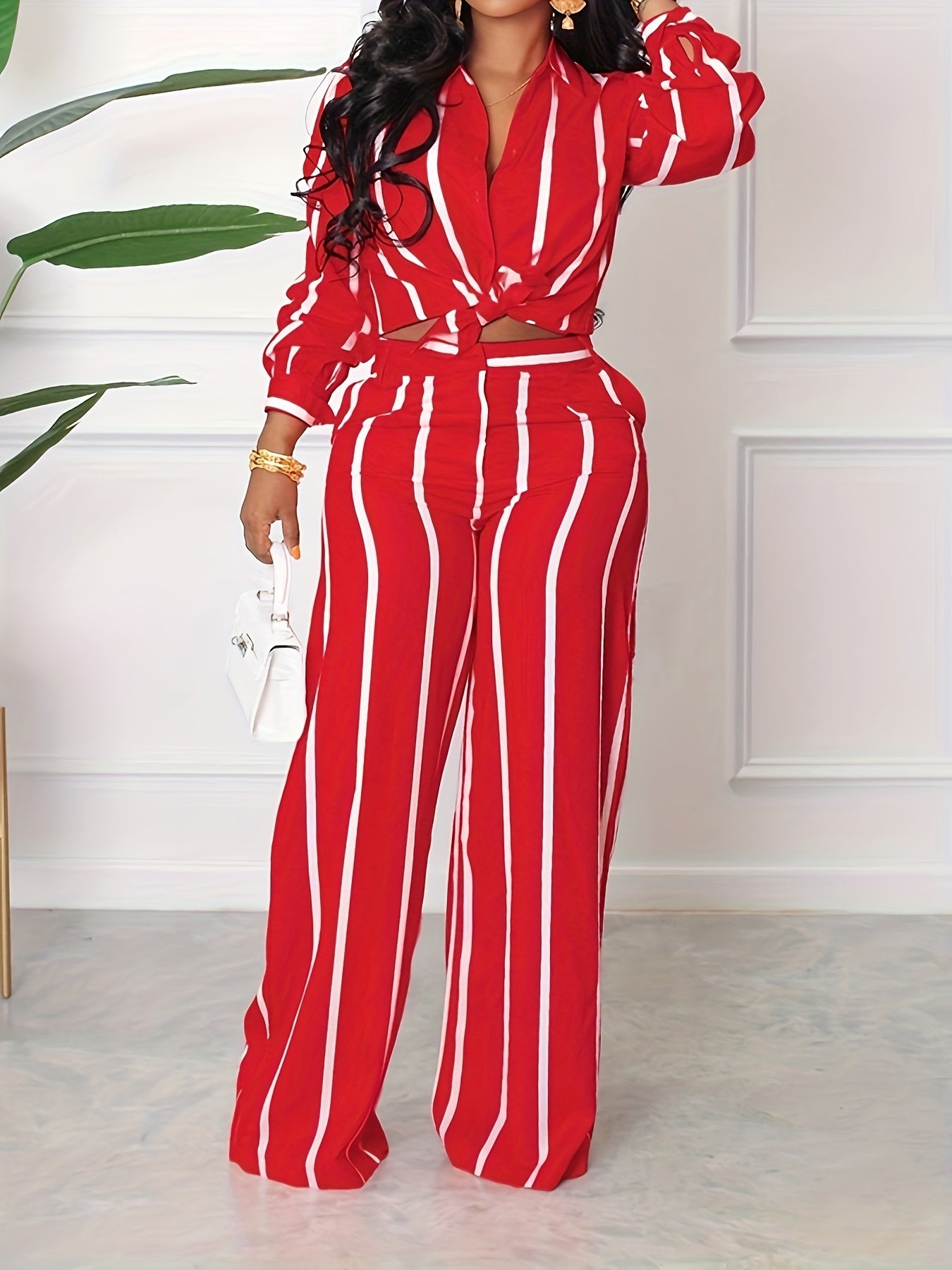 Button Front Collar Long Sleeve Shirt & High Waist Wide Leg Loose Pants Set