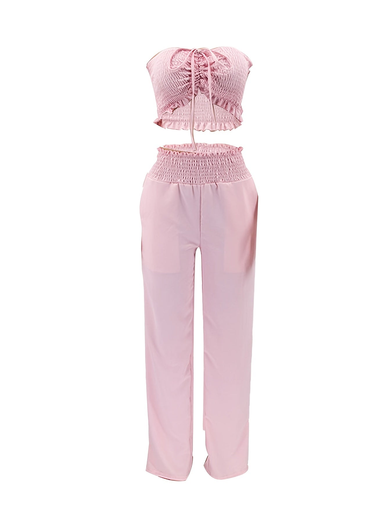 Shirred Halter Neck Sleeveless Crop Top Tops & High Waist Loose Long Length Pants Set