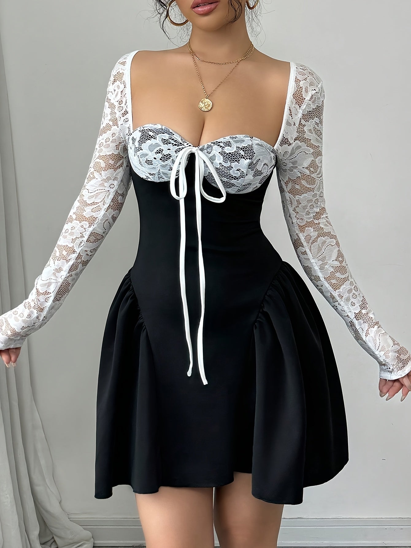 Lace Trimmed Whirl Delight Mini Dress