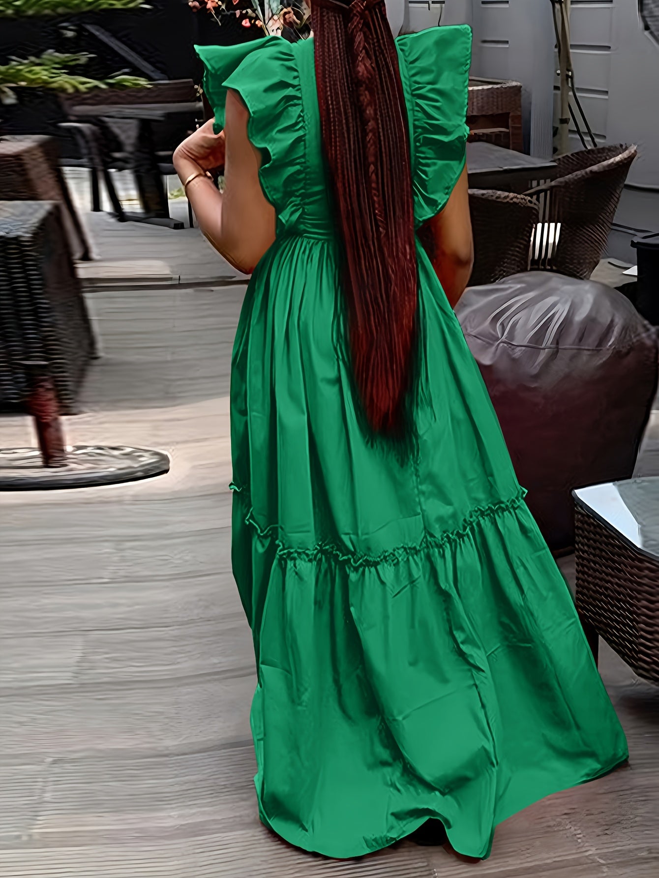 Elegant Ruffle Trimmed ALine Round Neck, Cinched Waist Design Dress