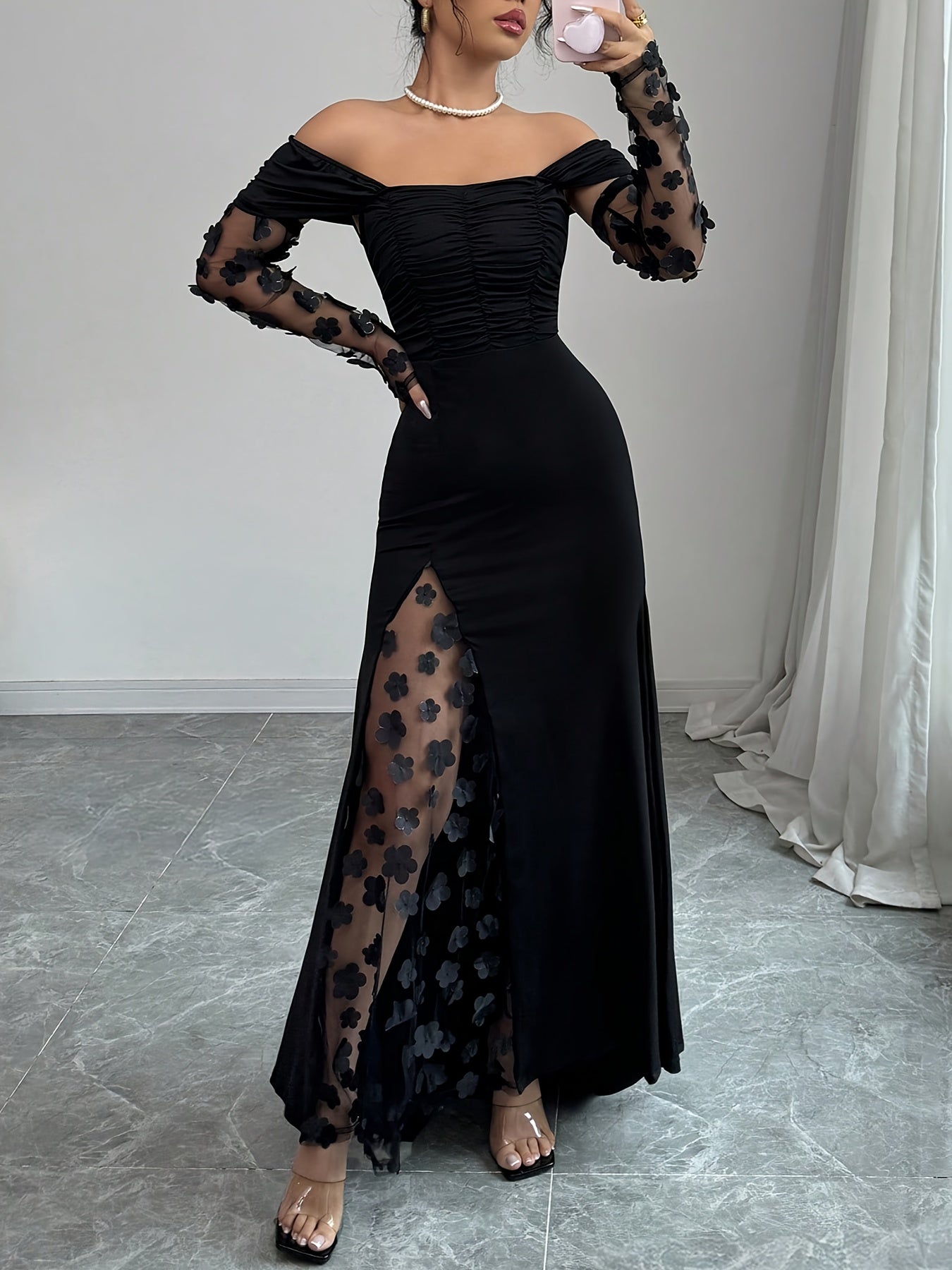 Elegant Off-Shoulder Luxe Bloom Mesh Gown