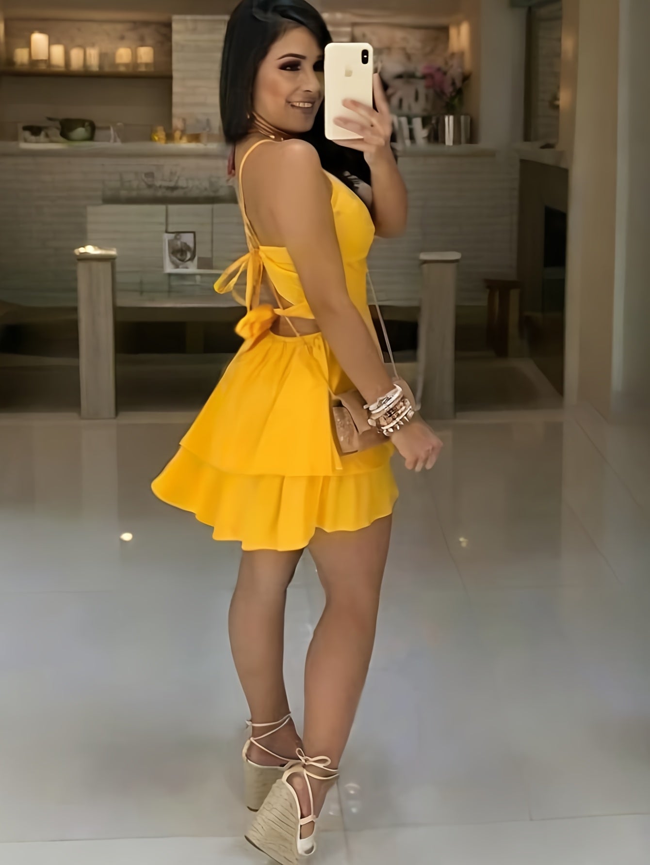 Elegant Women's Sleeveless V-Neck Dress in Solid Color Yellow