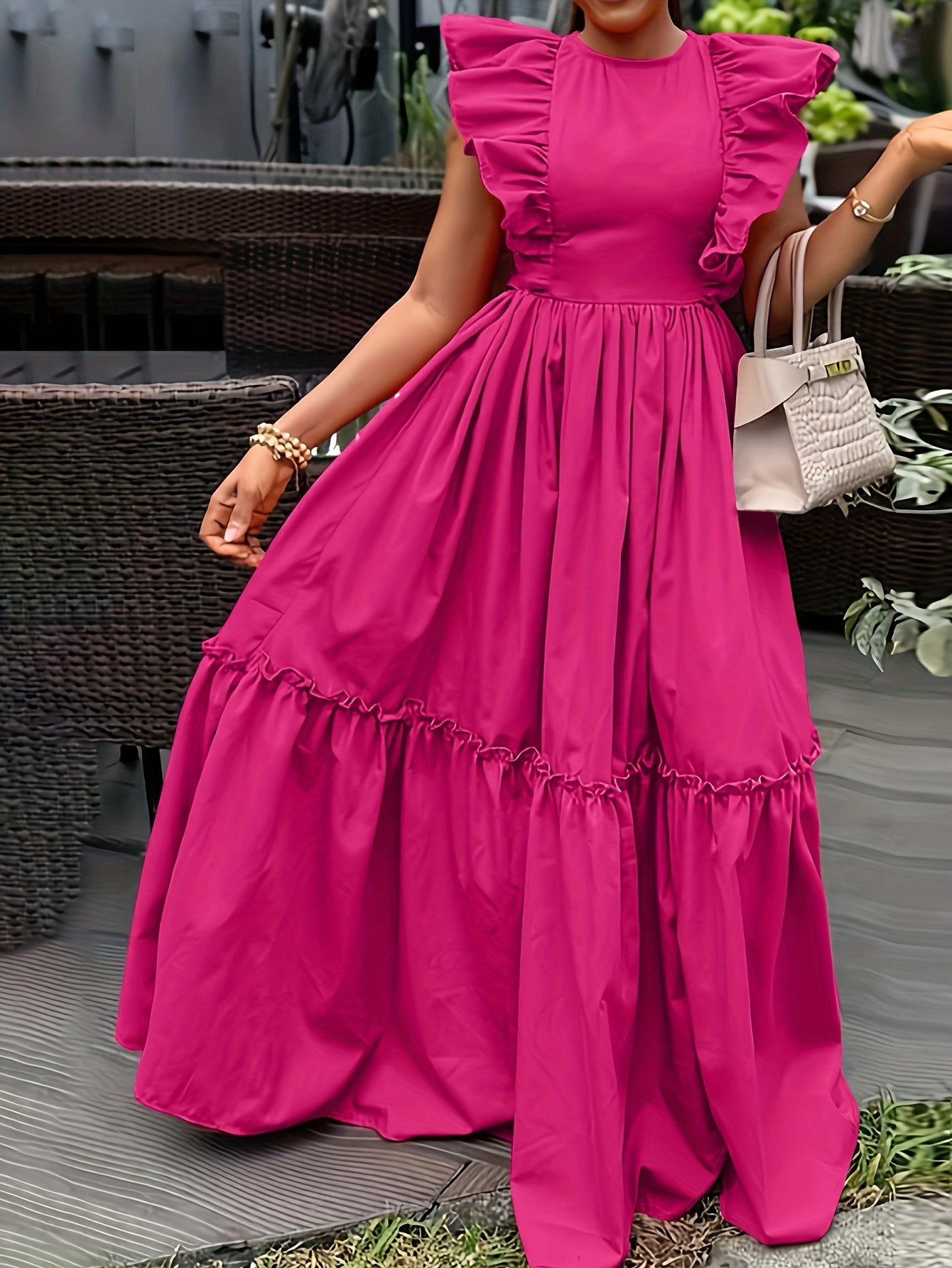 Elegant Ruffle Trimmed ALine Round Neck, Cinched Waist Design Dress