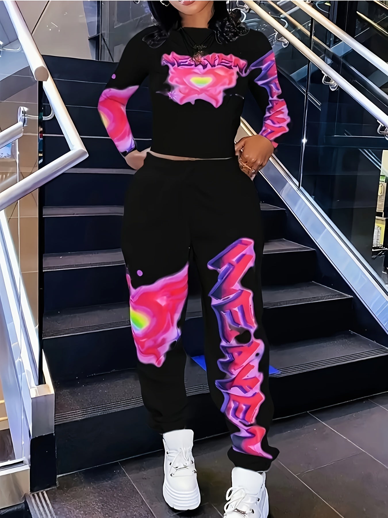 Women's Y2K Heart & Letter Print Long Sleeve Crop Top & Drawstring Joggers Set
