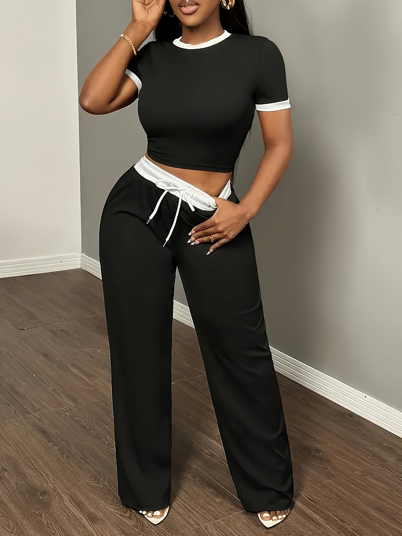 Elegant Crew Neck Short Sleeve T-Shirt and High Waist Drawstring Wide Leg Trousers
