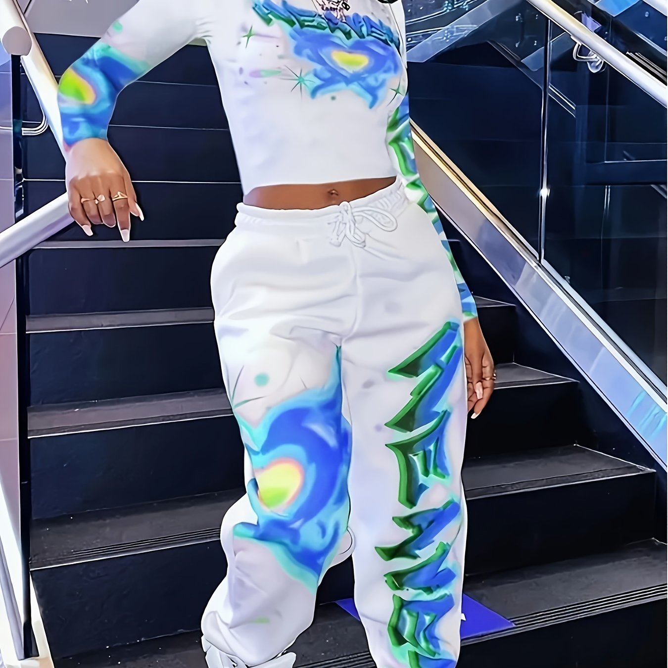 Women's Y2K Heart & Letter Print Long Sleeve Crop Top & Drawstring Joggers Set