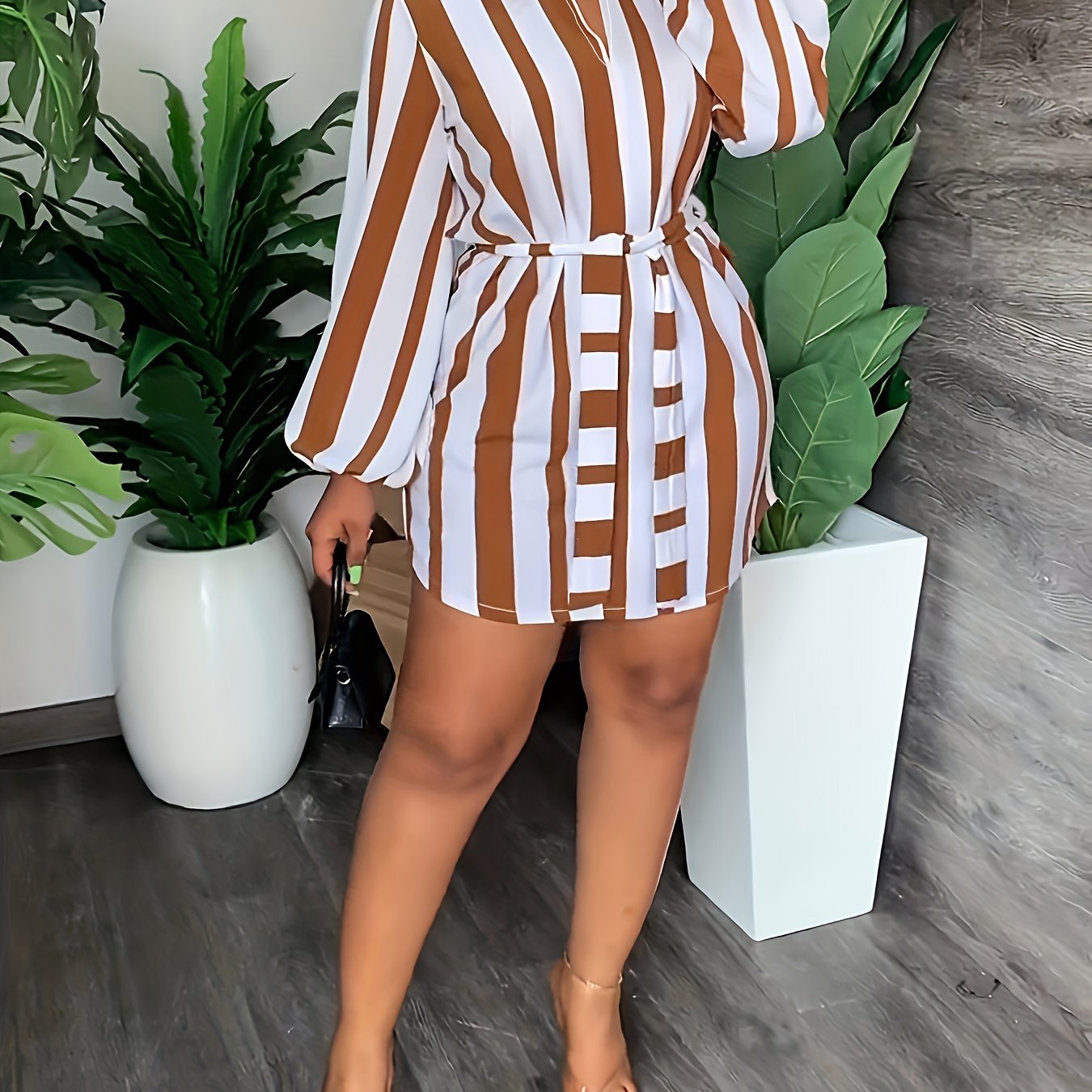 Striped Print Lantern Sleeve Dress, Casual Tie-waist Notch Neck Dress, Women's Clothing