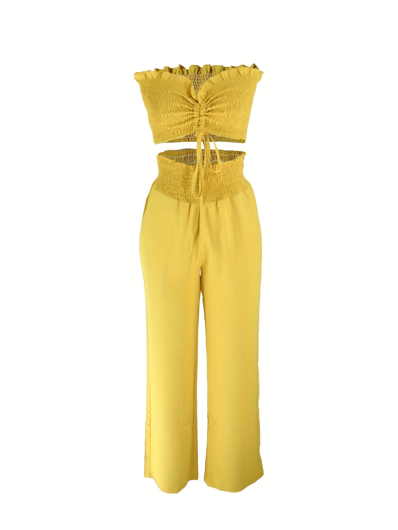 Shirred Halter Neck Sleeveless Crop Top Tops & High Waist Loose Long Length Pants Set
