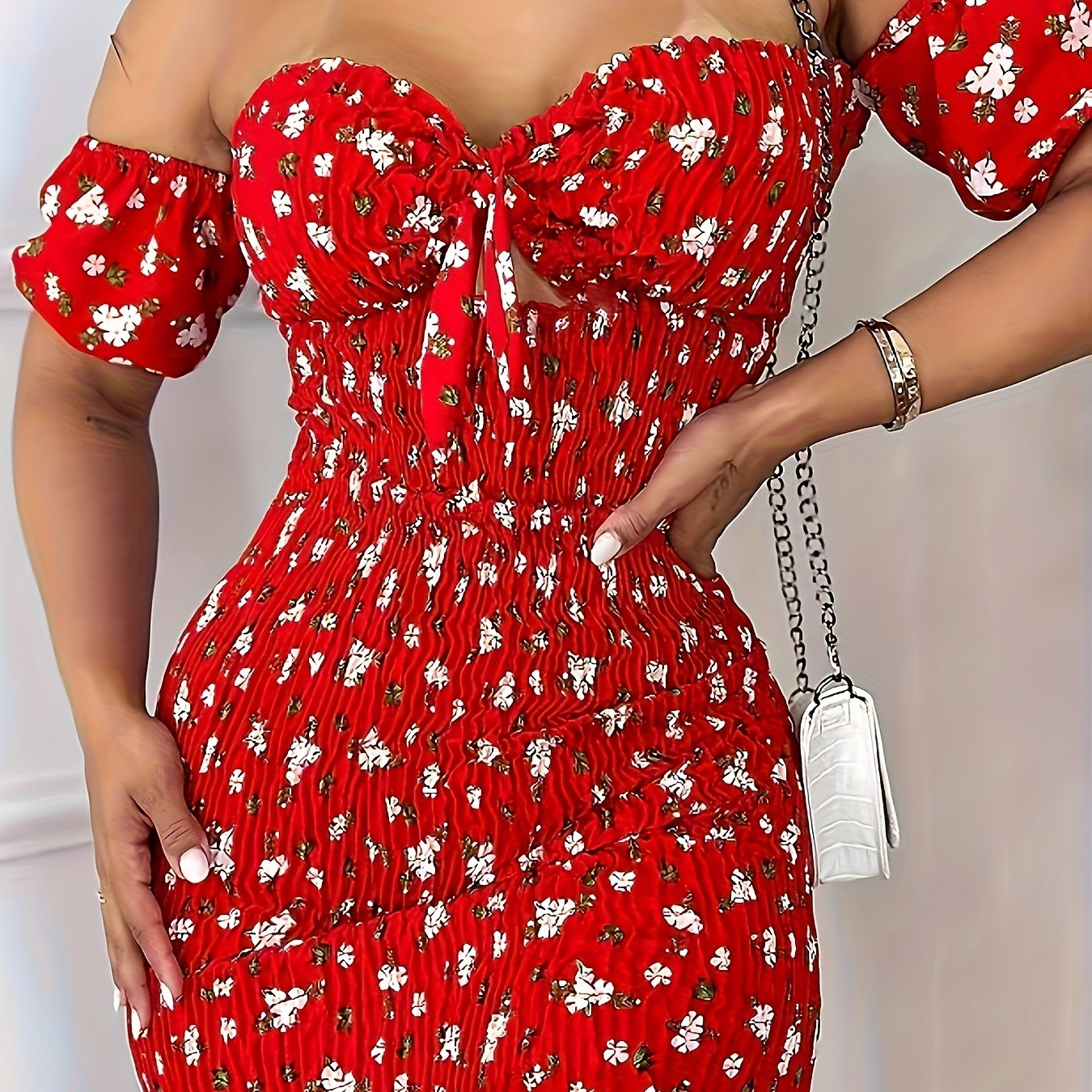 Ruffle Trim Knot Front Sweetheart Neck Shirred Slim Floral Print Off-shoulder Dress
