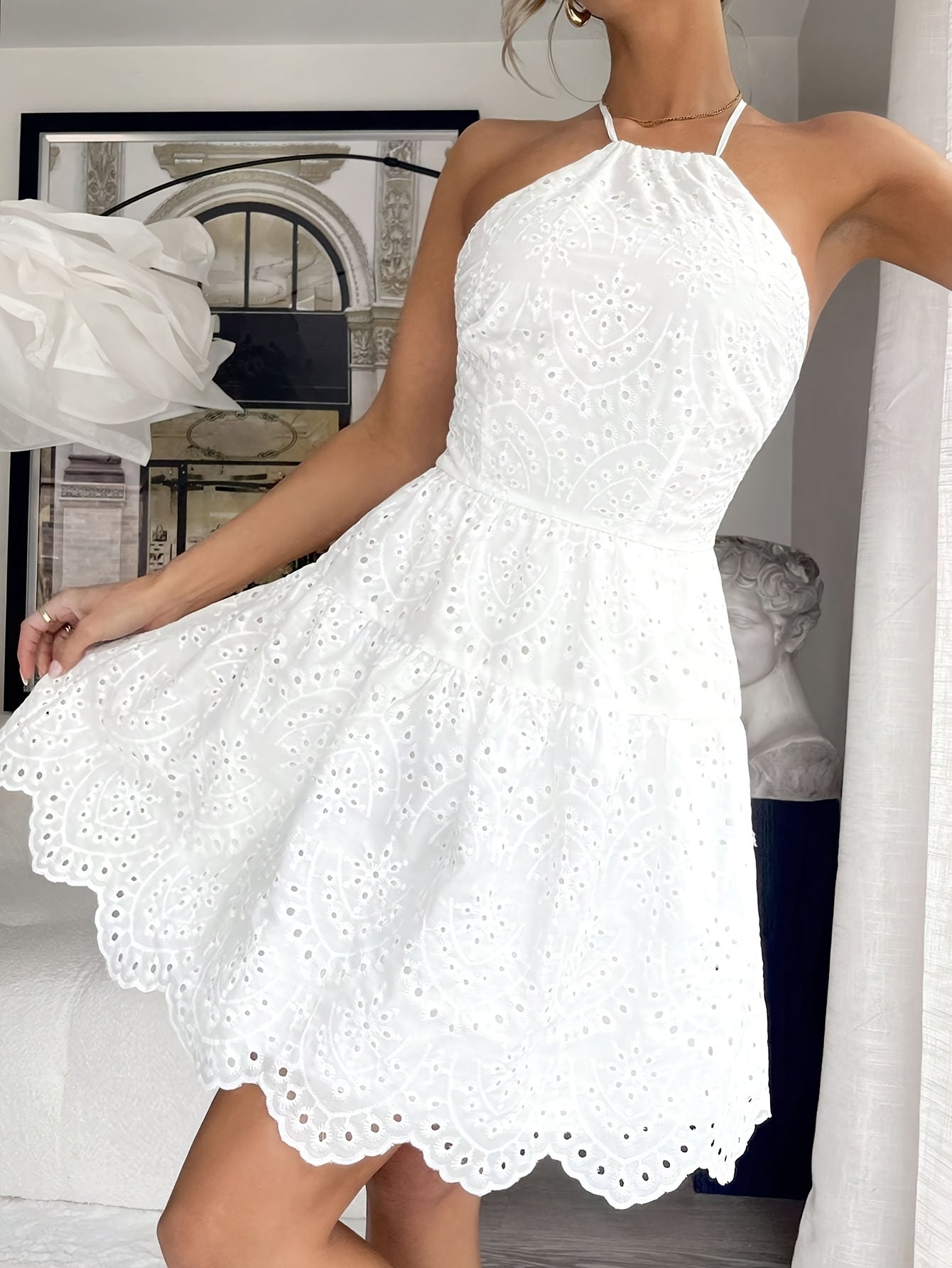 Elegant White Halter Neck Backless Dress with Floral Embroidery Dress