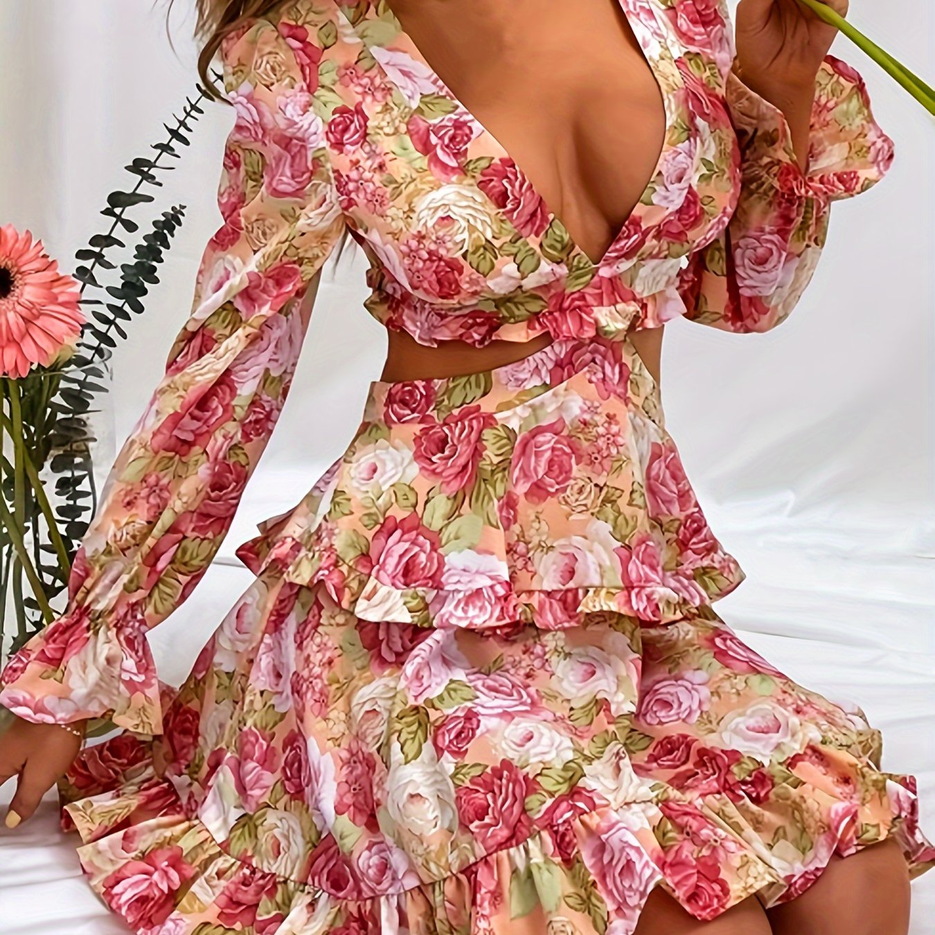 Chic Floral Print Deep V-Neck Chiffon Dress with Tie Back & Ruffle Sleeves