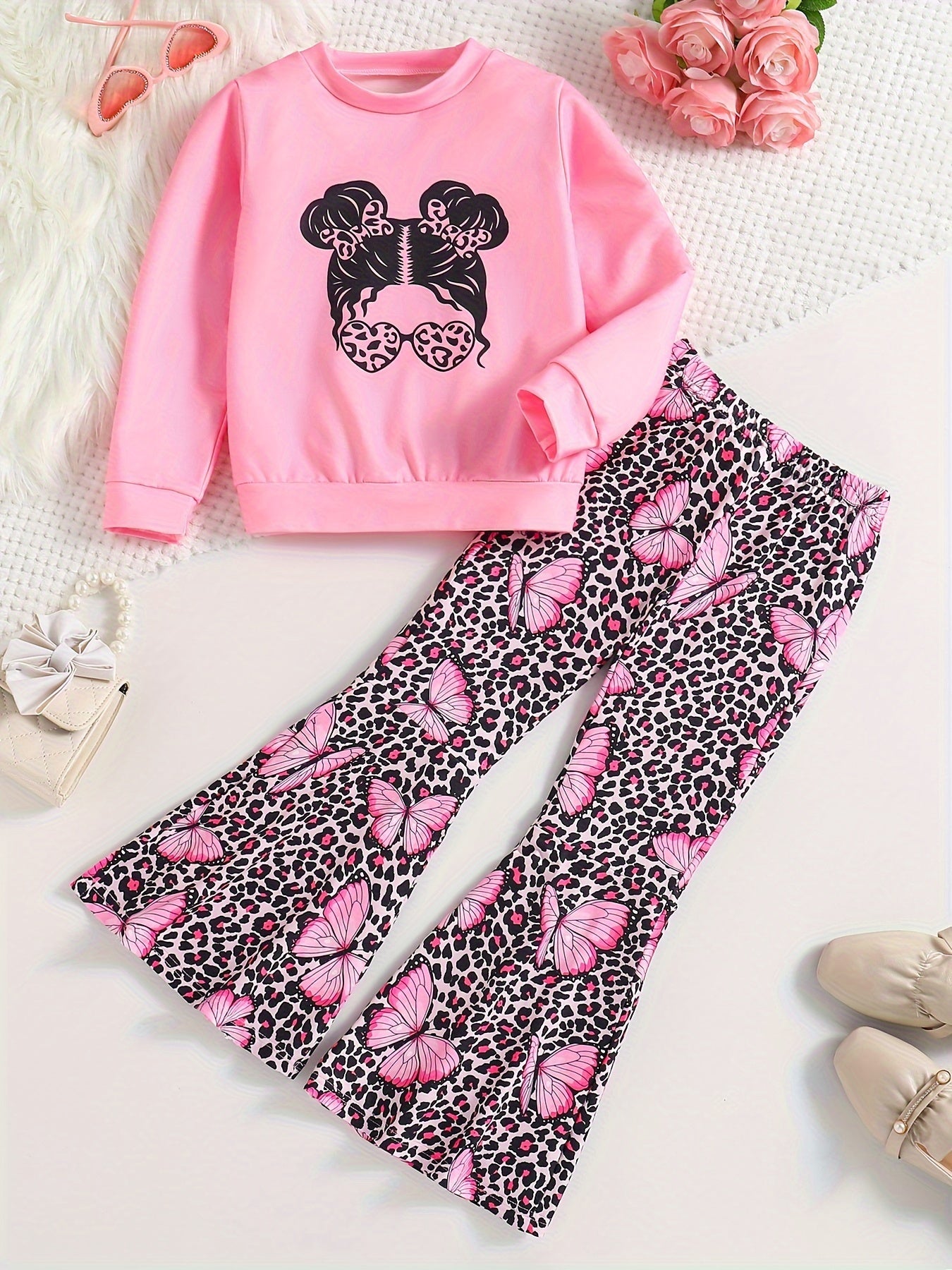 Sweatshirt & Leopard Pattern Flared Pants Set
