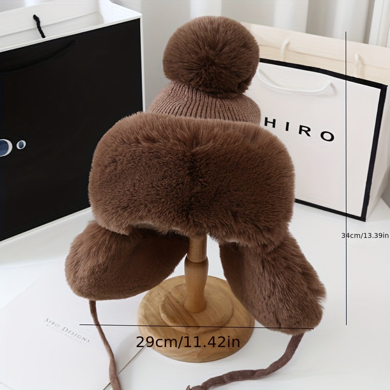 Thick Knitted Ear Flap Hat Winter Warm Plush Bomber Hat Lightweight Beanie