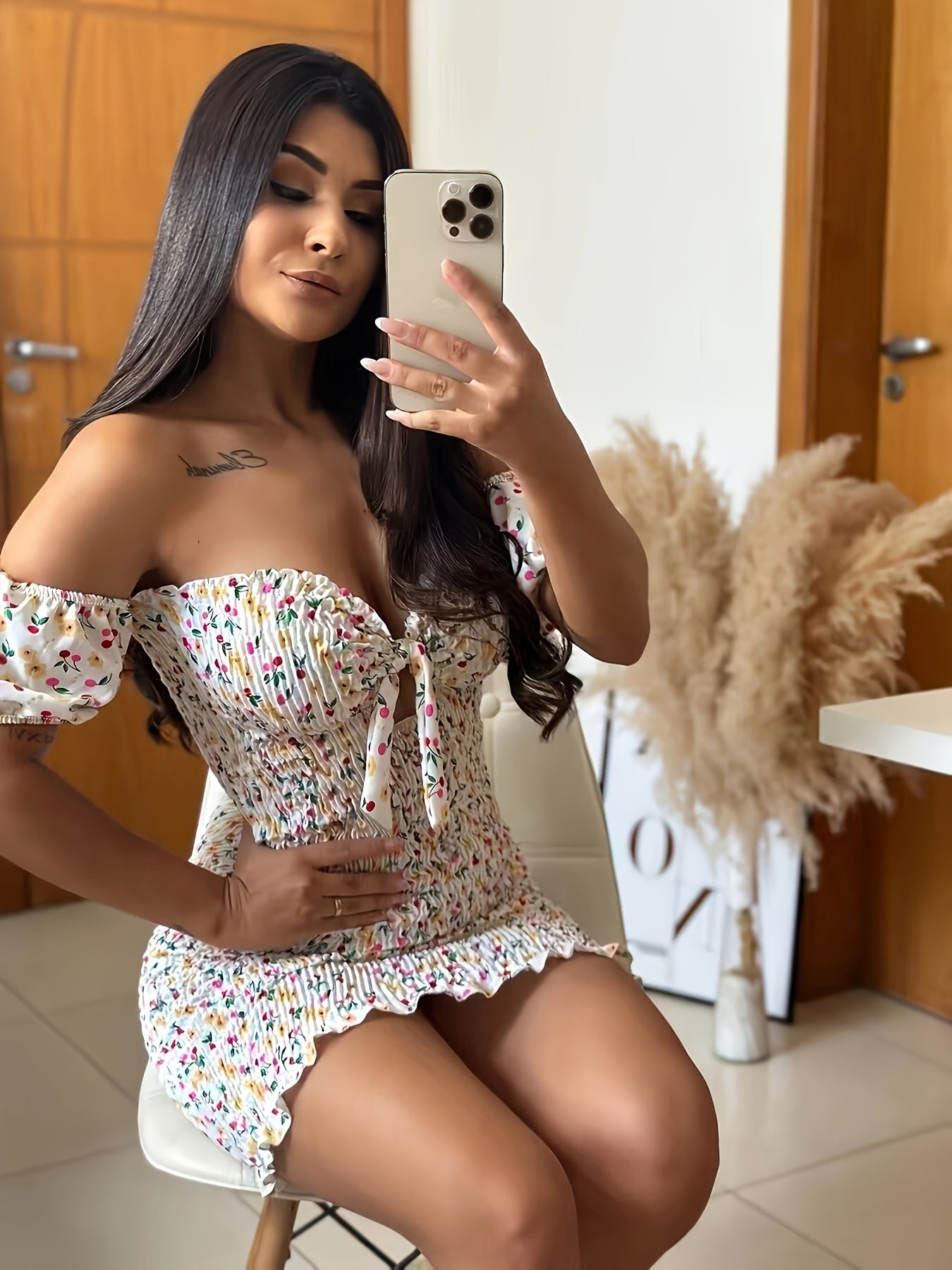 Floral Print Off-shoulder Dress, Vacation Ruffle Trim Knot Front Sweetheart Neck Shirred Slim Dress For Spring & Summer, Women's Clothing