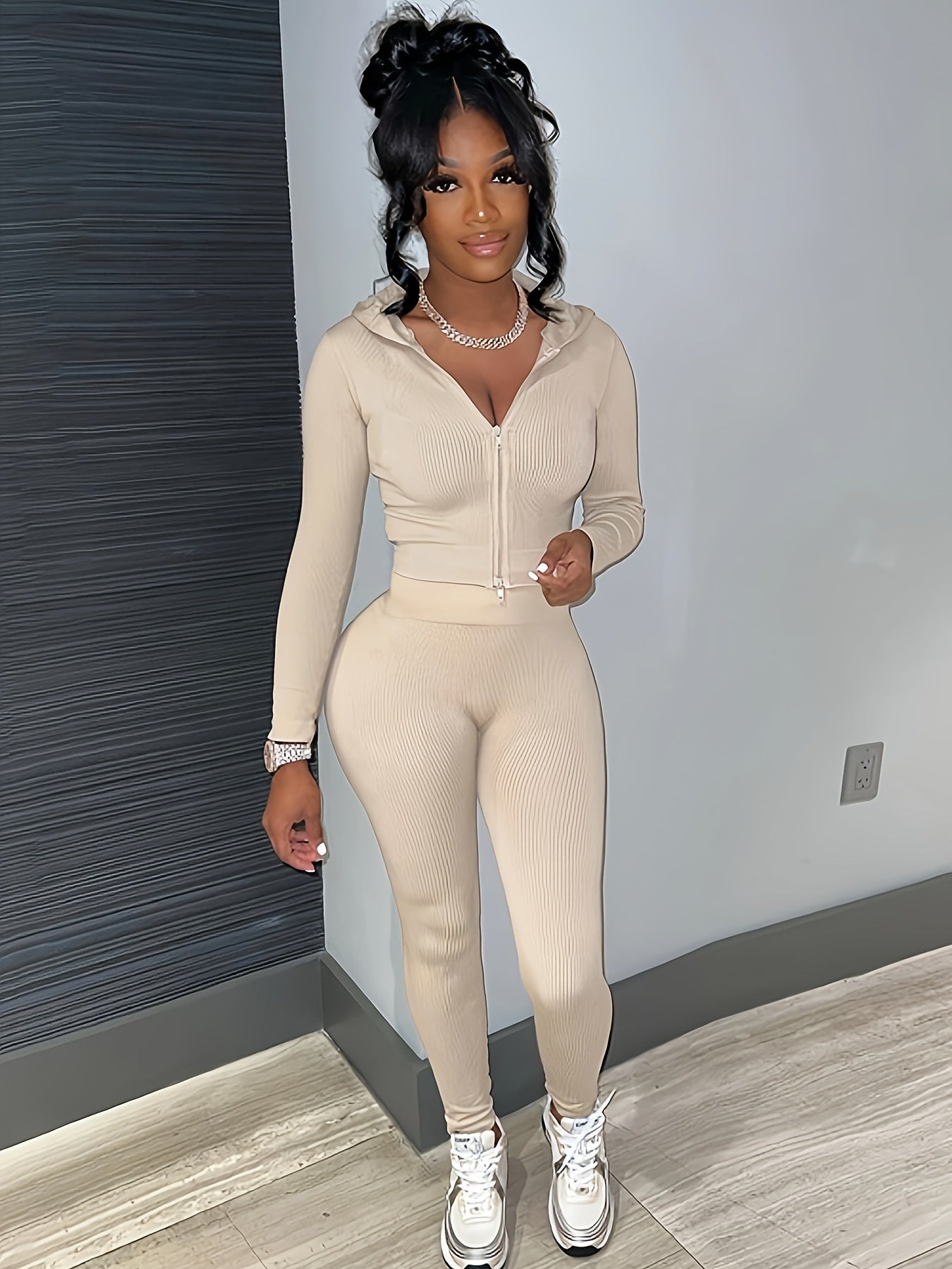 Women's Casual Hoodie & Jogger Set - Solid Color, Zip-Up, Stretchy Polyester Blend, Machine Washable