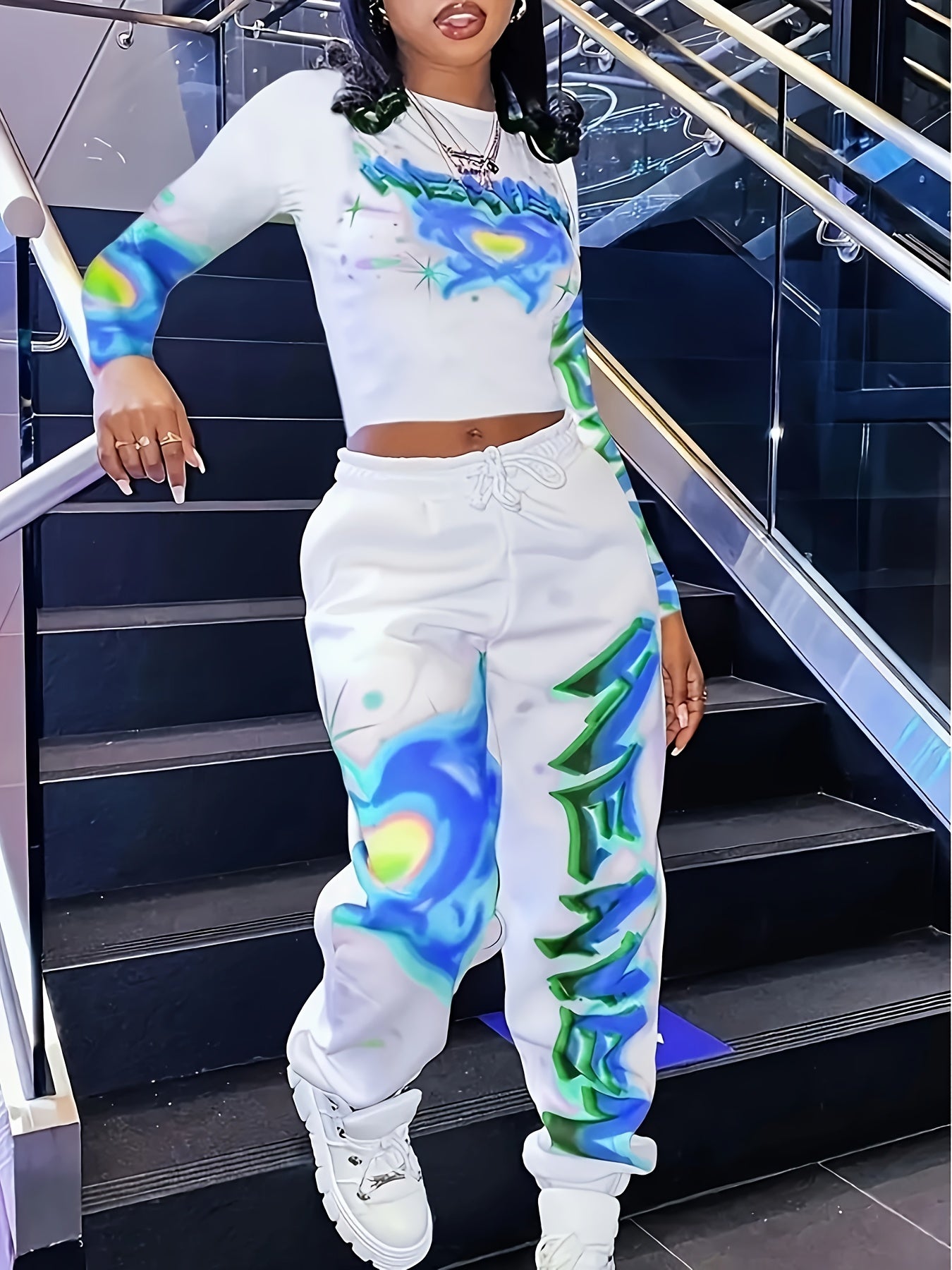 Women's Y2K Heart & Letter Print Long Sleeve Crop Top & Drawstring Joggers Set