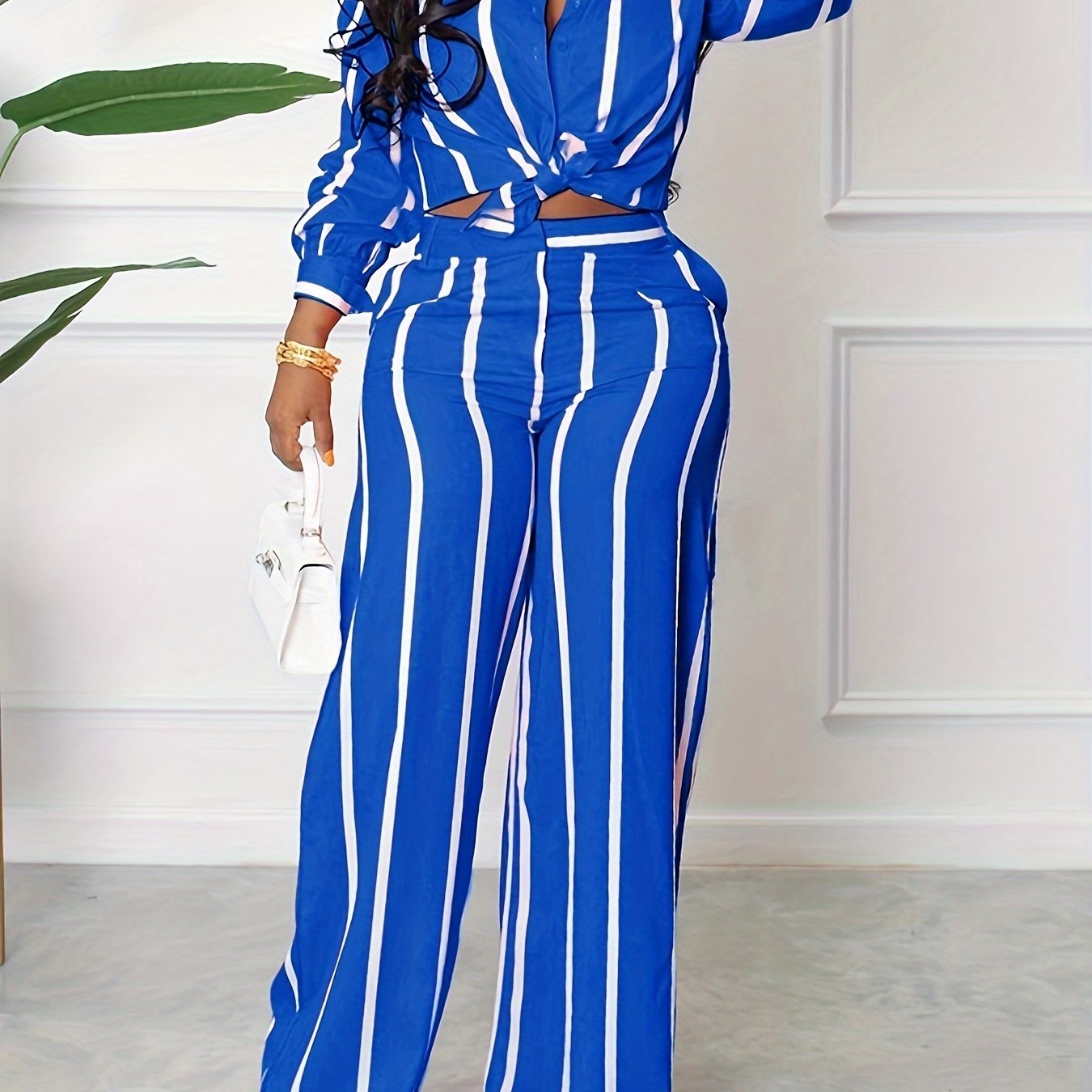 Button Front Collar Long Sleeve Shirt & High Waist Wide Leg Loose Pants Set