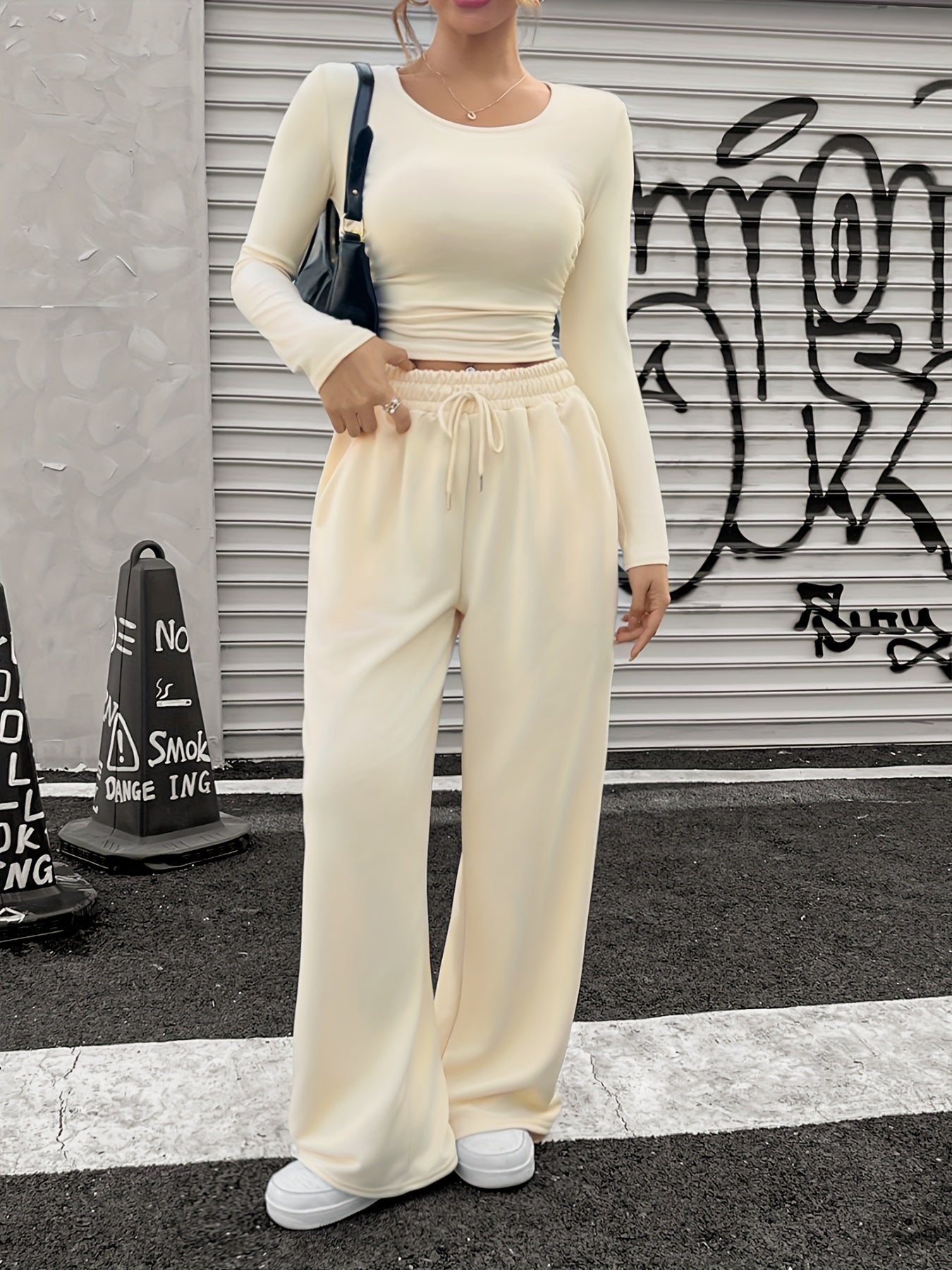 Women'S Casual Crew Neck Long Sleeve Top & Loose Wide Leg Pants Set