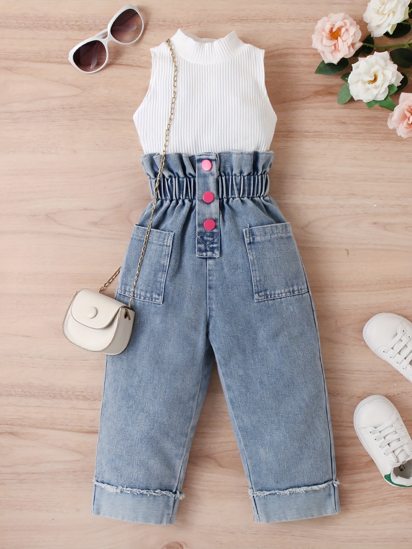 Girls Solid Sleeveless Top Button Decor Paperbag Waist Denim Pants Set
