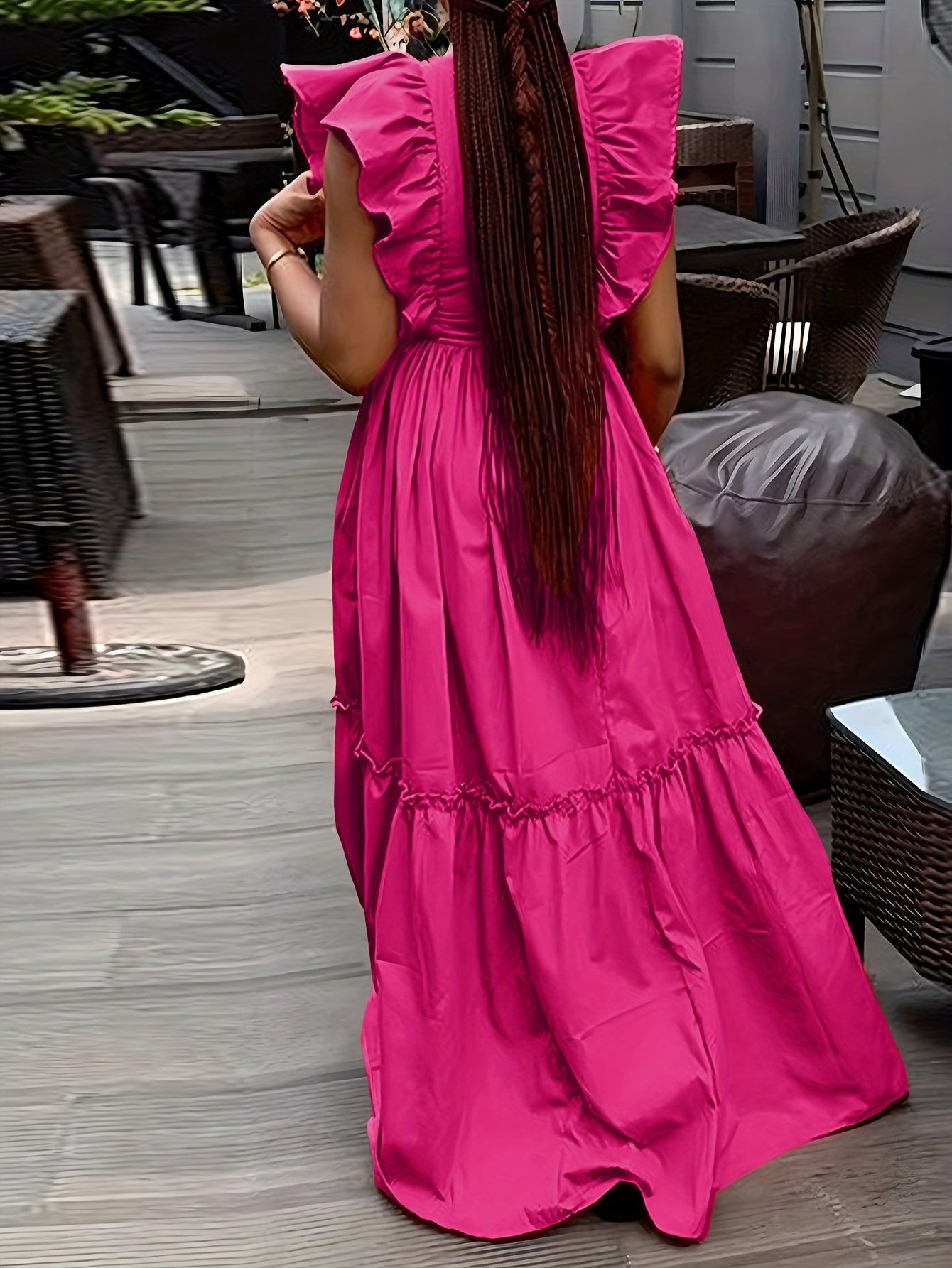 Elegant Ruffle Trimmed ALine Round Neck, Cinched Waist Design Dress