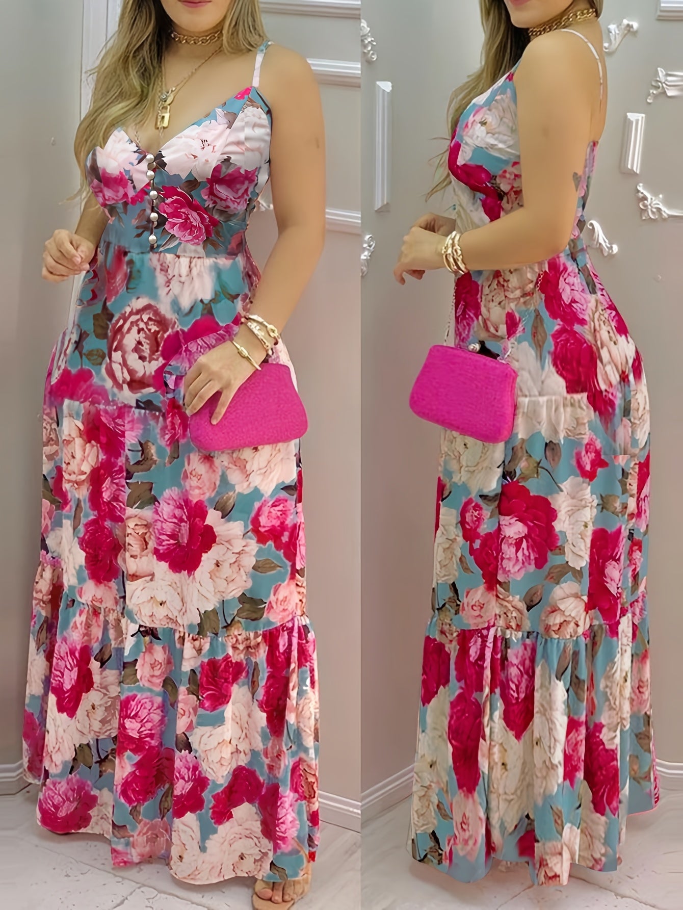 Women'S Elegant V-Neck Button Detail Pleated Maxi Dress