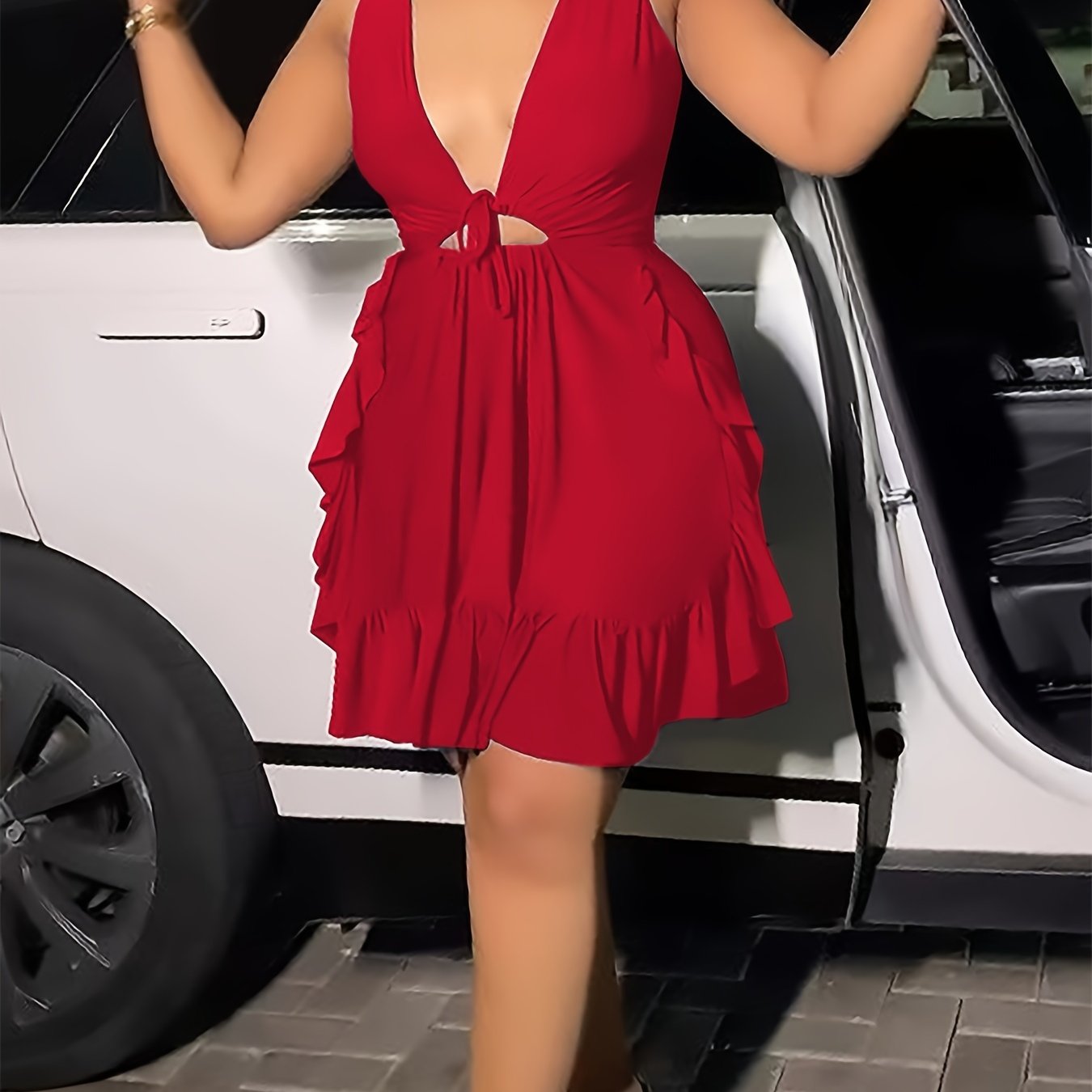 Elegant V-Neck Sleeveless Ruffle Ruched Bodycon Mini Dress