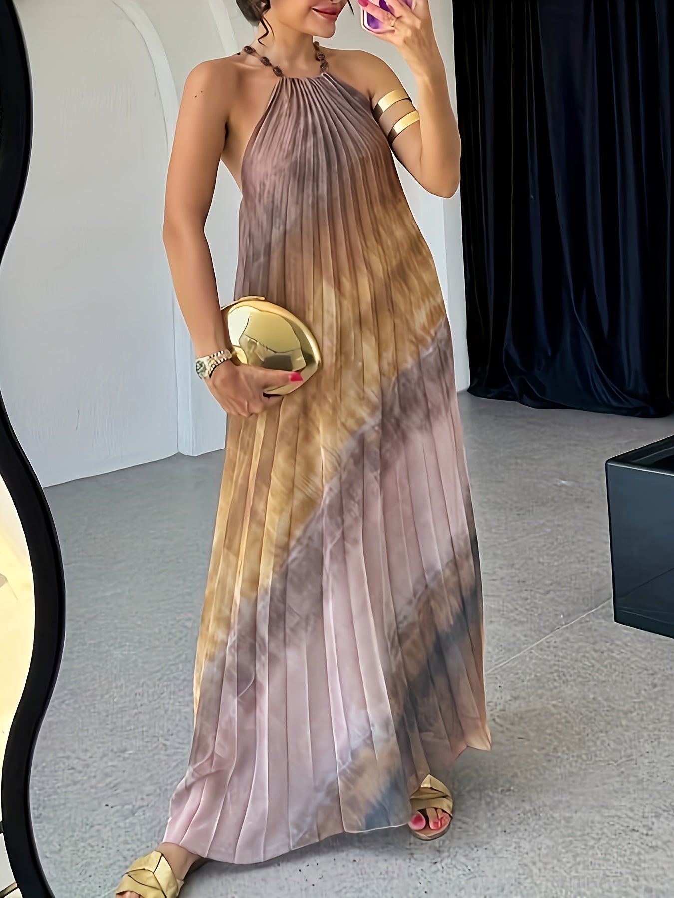 Elegant Women'S Athens Tie-Dye Pleated Maxi Dress - Sleeveless, Fitted, Spring/Summer Style, Perfect for Adult, Casual Attire|Sleeveless Dress|Tie Dye Pattern