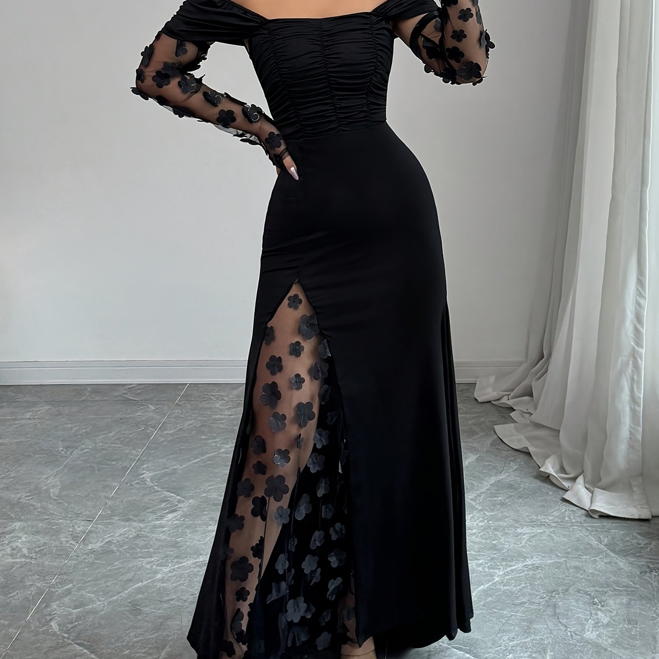 Elegant Off-Shoulder Luxe Bloom Mesh Gown