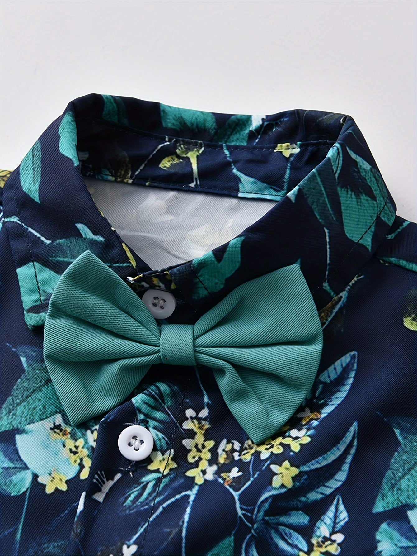 Casual Cotton Blend Floral Print Suit with Long Sleeve Shirt and Elastic Waist Suspenders Pants