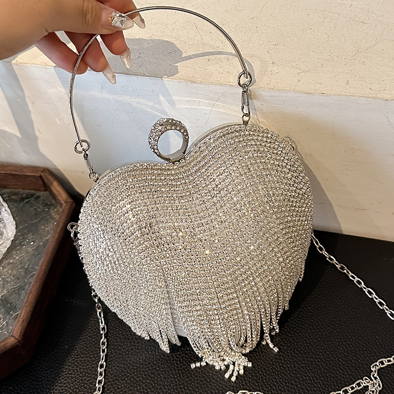 Elegant Heart-Shaped Rhinestone Clutch with Tassel, Lightweight Handbag