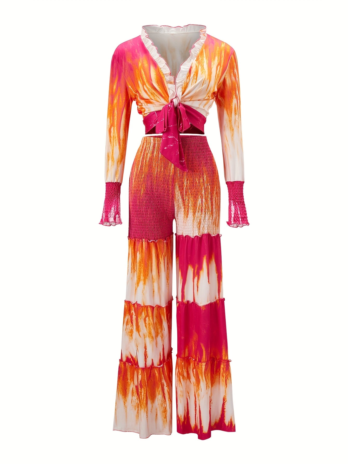 Command & Chic Tie-Dye Spliced Long Sleeve Top and Wide-Leg Pants