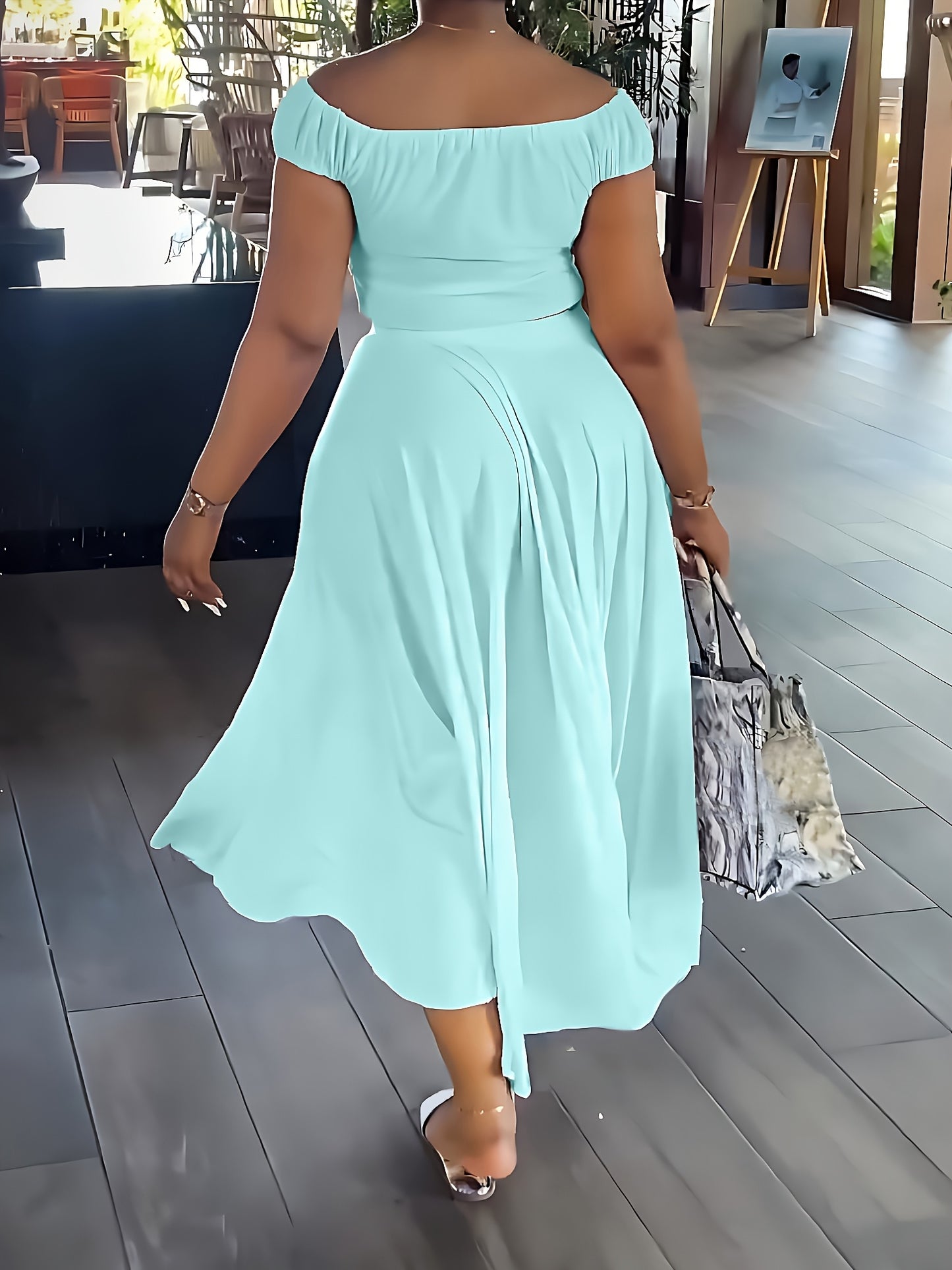 Women's Casual One-Shoulder Short Top A-Line Dangle Long Dress Fashion Set